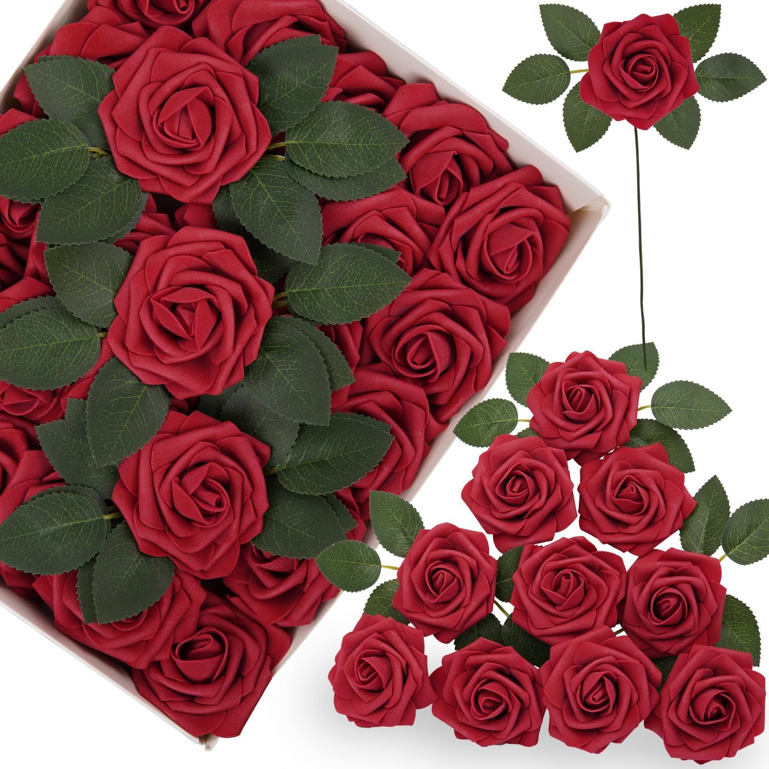 PetalPunch Wine Dark Red Roses Artificial Flowers - Pack of 25 Artificial Roses with stem & 8 Leaves, Foam Latex Rose Fake Flowers for Wedding Bouquets & Table Centerpieces