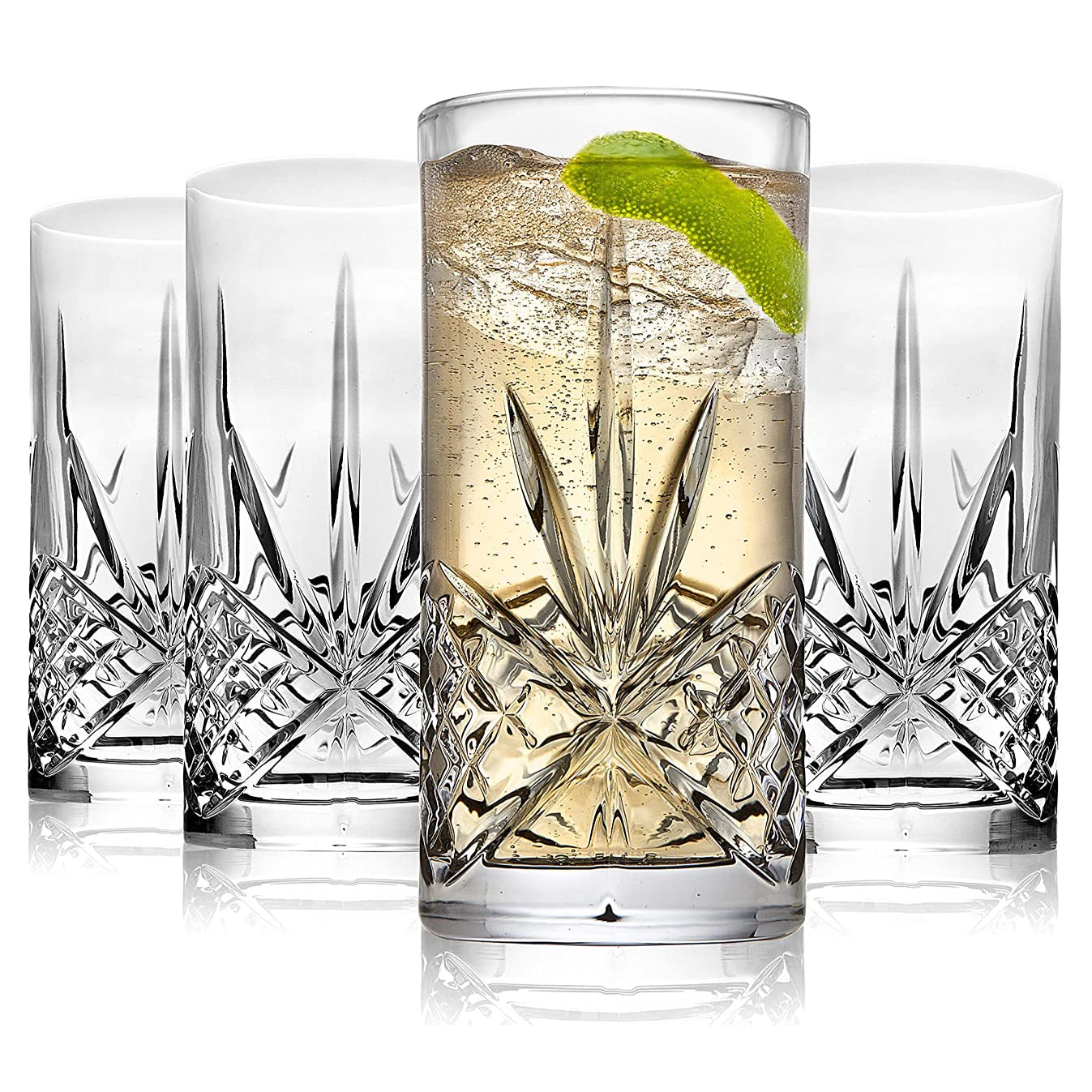 Angju Highball Glasses Set of 4, 370ml Cups, Textured Designer Glassware for Drinking Water, Beer, or Soda, Trendy and Elegant Dishware, Dishwasher Safe