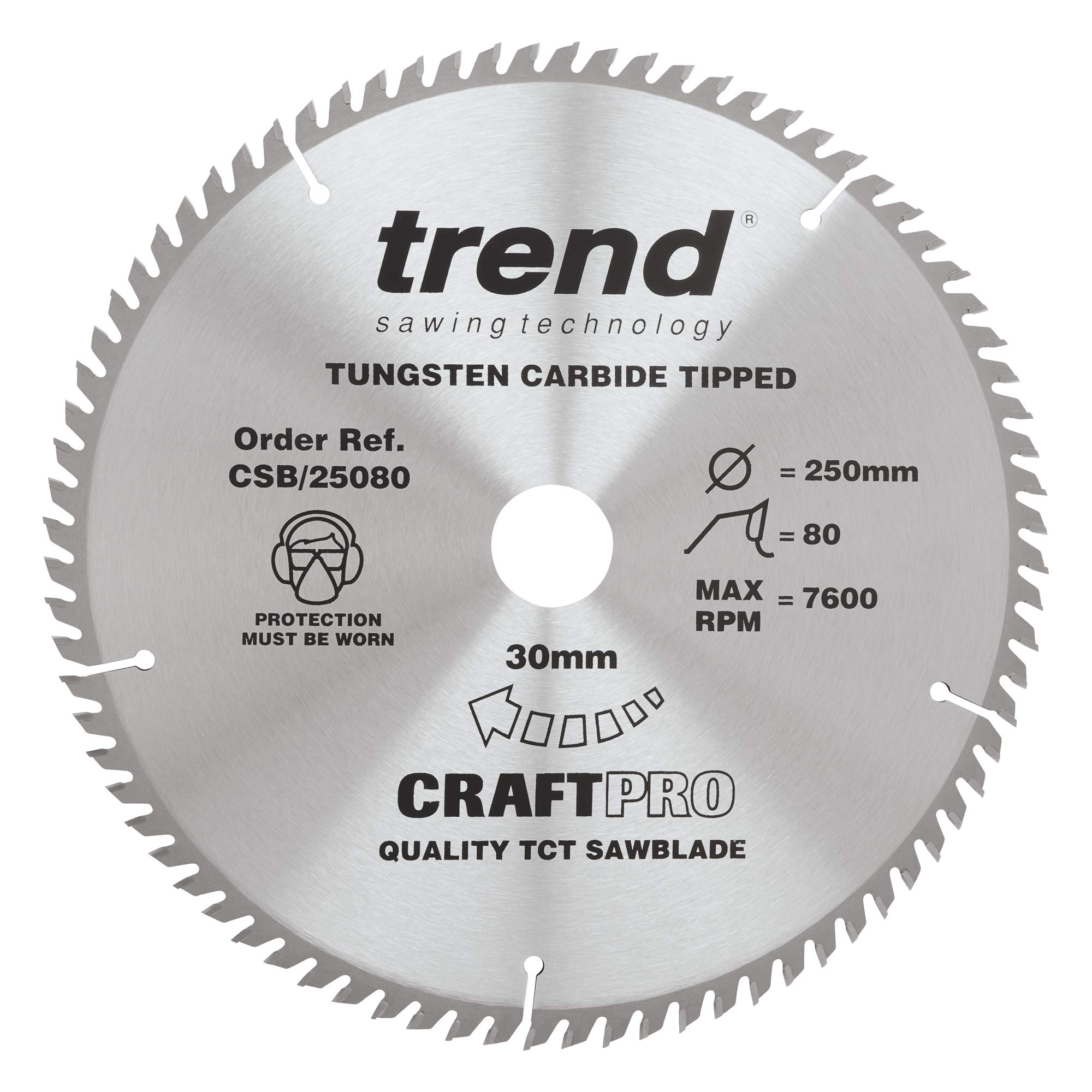 TrendWood Circular Saw Blade, 250mm Diameter, 30mm Bore, 80 Teeth, TCT, 3mm Kerf, +15° Hook, CSB/25080