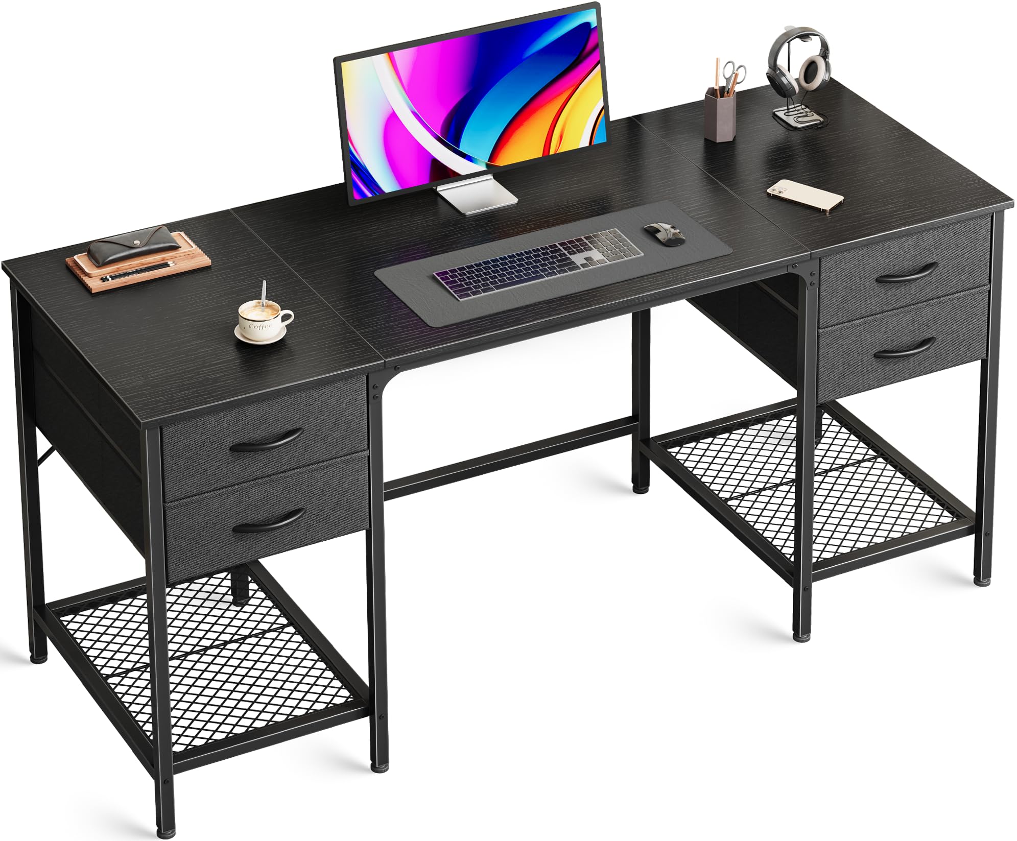 55 Inch Computer Desk with 4 Drawers, Office Desk with Mesh Shelf, Gaming Desk, Large Storage, Writing Desk Work Desk for Home Office, Study, Bedroom, Work from Home, Black