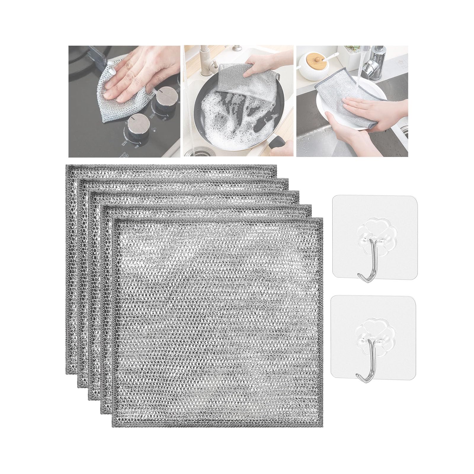 Ancientflow Double Stainless Steel Scrubber, Economicq Multifunctional Non-Scratch Wire Miracle Cleaning Cloths Dishcloth Pads, Magnifying Multipurpose Wire Dishwashing Rags for Wet and Dry (5pcs)