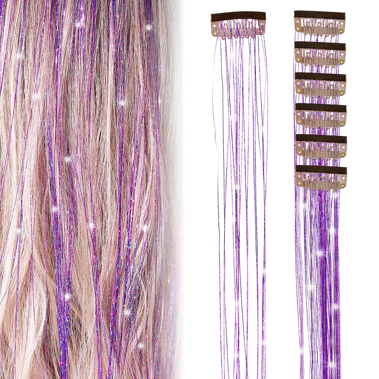 Purple Hair Tinsel Clip Ins Pack of 6Pcs Fairy Hair Extensions with Clips on for Girls Women Heat Resistant Sparkle Glitter Synthetic Hair Tinsel for Party Cosplay Christmas Halloween(19.6inch)