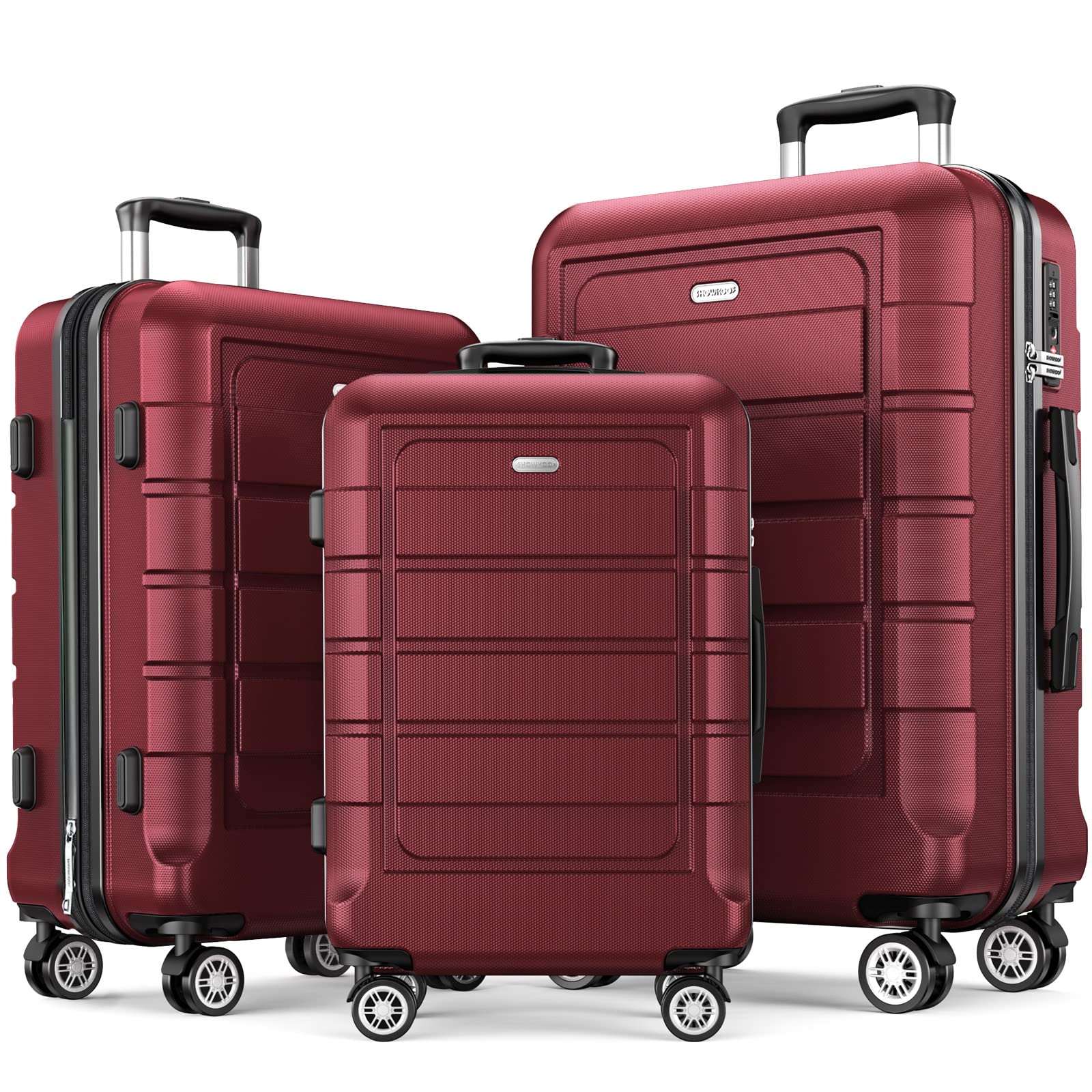 SHOWKOOLuggage Sets Expandable PC+ABS Durable Suitcase Double Wheels TSA Lock 3pcs Red Wine