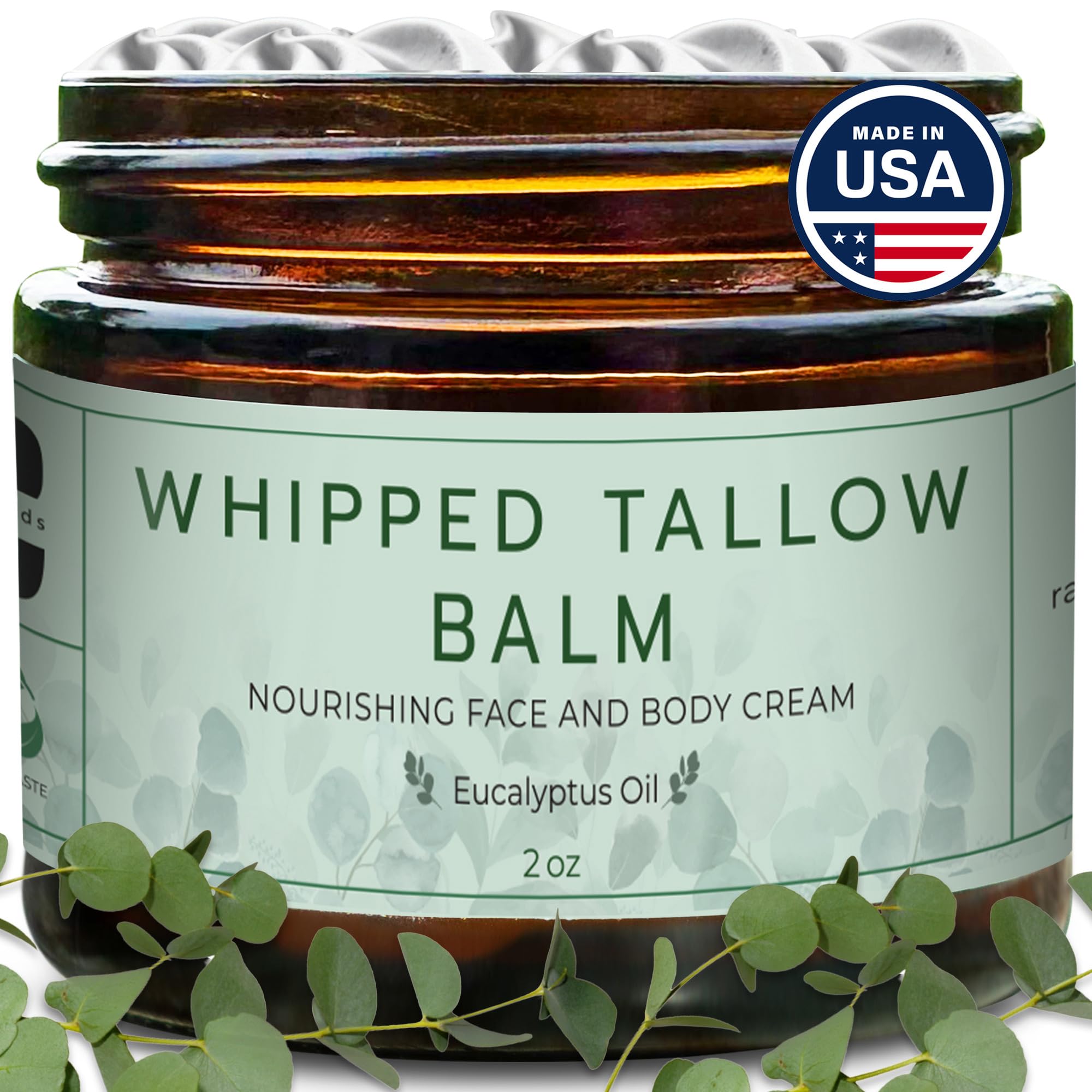 Whipped Tallow Balm (Eucalyptus) Hypdrating Face & Body Cream - Beef Tallow Balm Moisturizer for All Skin Types - Grass Fed & Organic, 2 oz