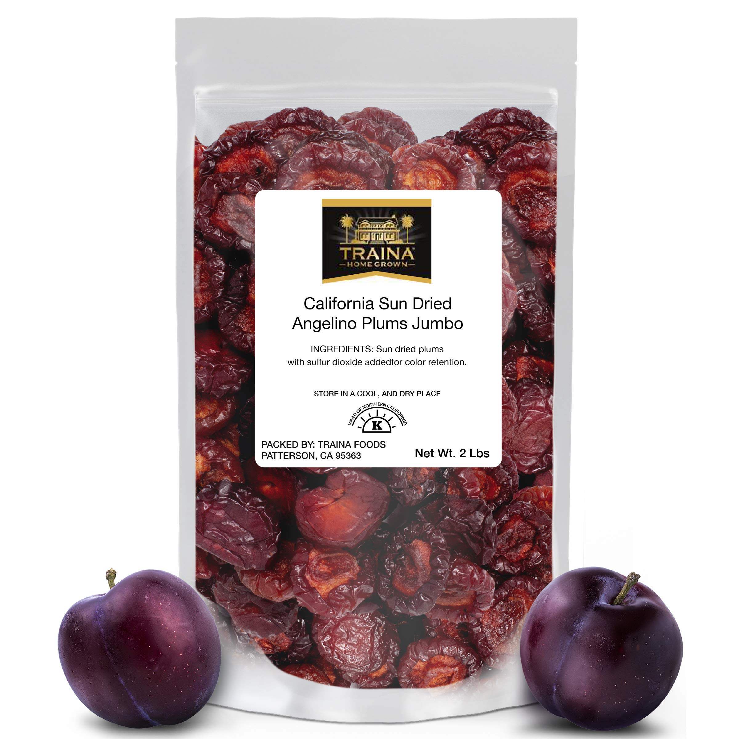 Traina Home Grown Jumbo California Sun Dried Angelino Plum Halves - Healthy, No Sugar Added, Chewy, Tangy, Deep Violet Color, Non GMO, Gluten Free, Kosher Certified, Vegan, Packed in Resealable Pouch (2 lbs)