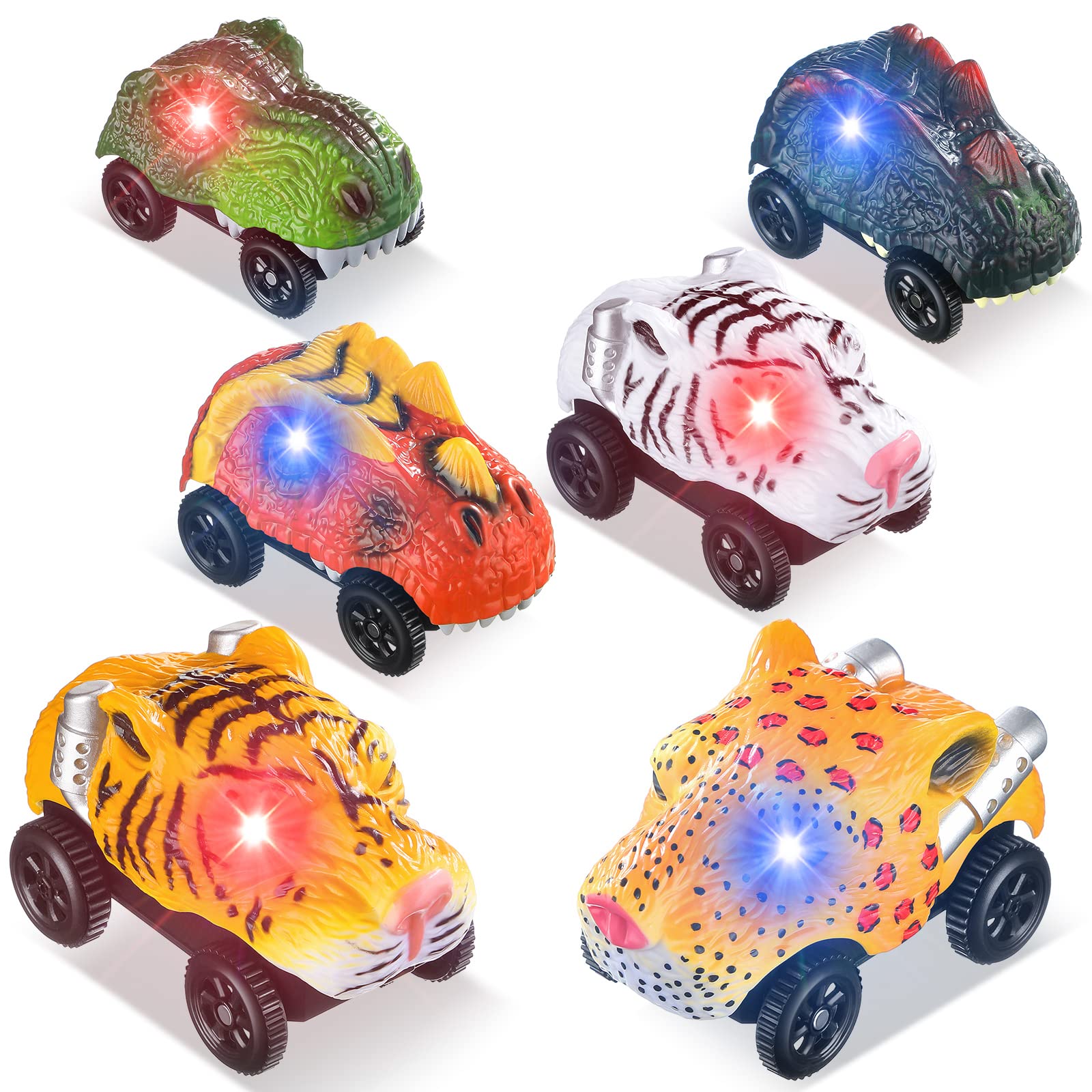 6 Pieces Track Car Replacement LED Light up Dino Cars Battery Powered Dino Car Track Glow in The Dark Dino Cars Accessories Compatible with Most Tracks for Track Sets, Car Only (Animal Style)