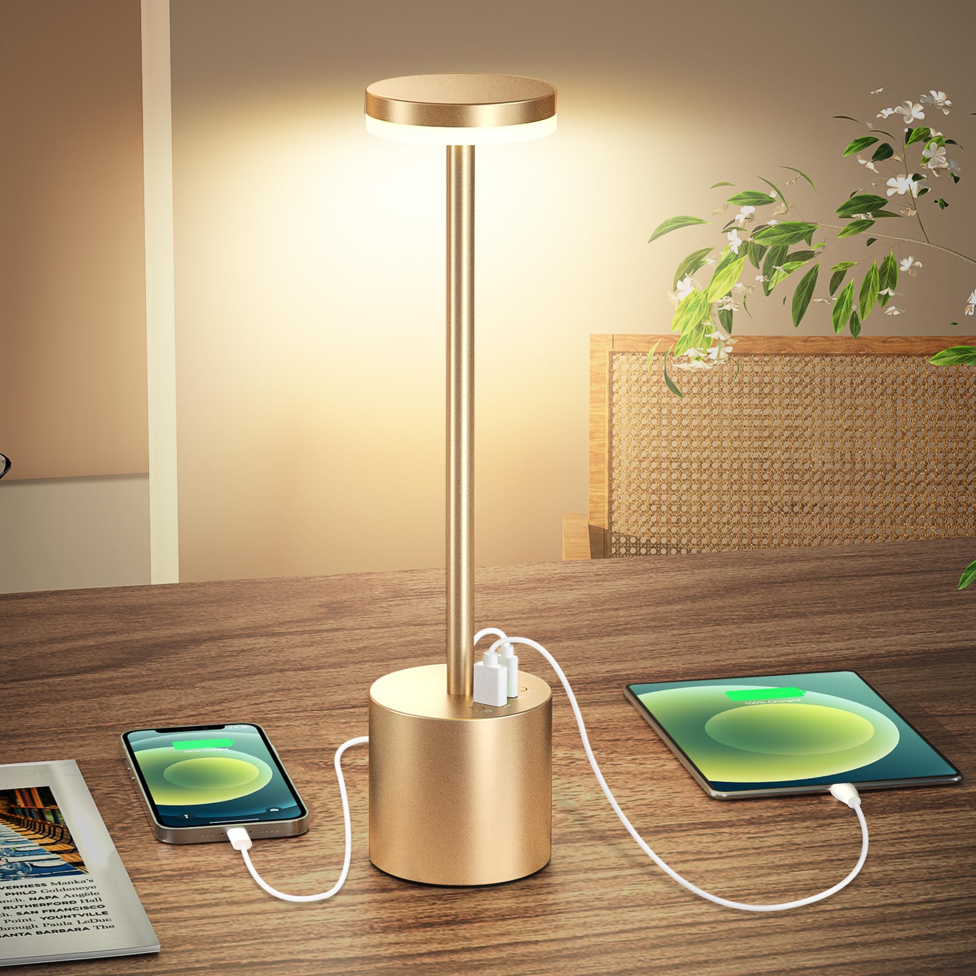 8000 mAh Battery Operated Lamps for Tables Cordless, Small Rechargeable Powered Desk Lamp for Bedroom, Bedside, Bar, Camping, Outdoor-Gold