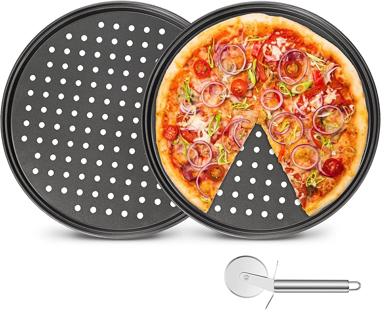 Valman Pizza Pans with Holes 12 inch Perfect Results Premium 2 Pack Non-Stick Bakeware Pizza Crisper Pan with Pizza Cutter for Home Kitchen