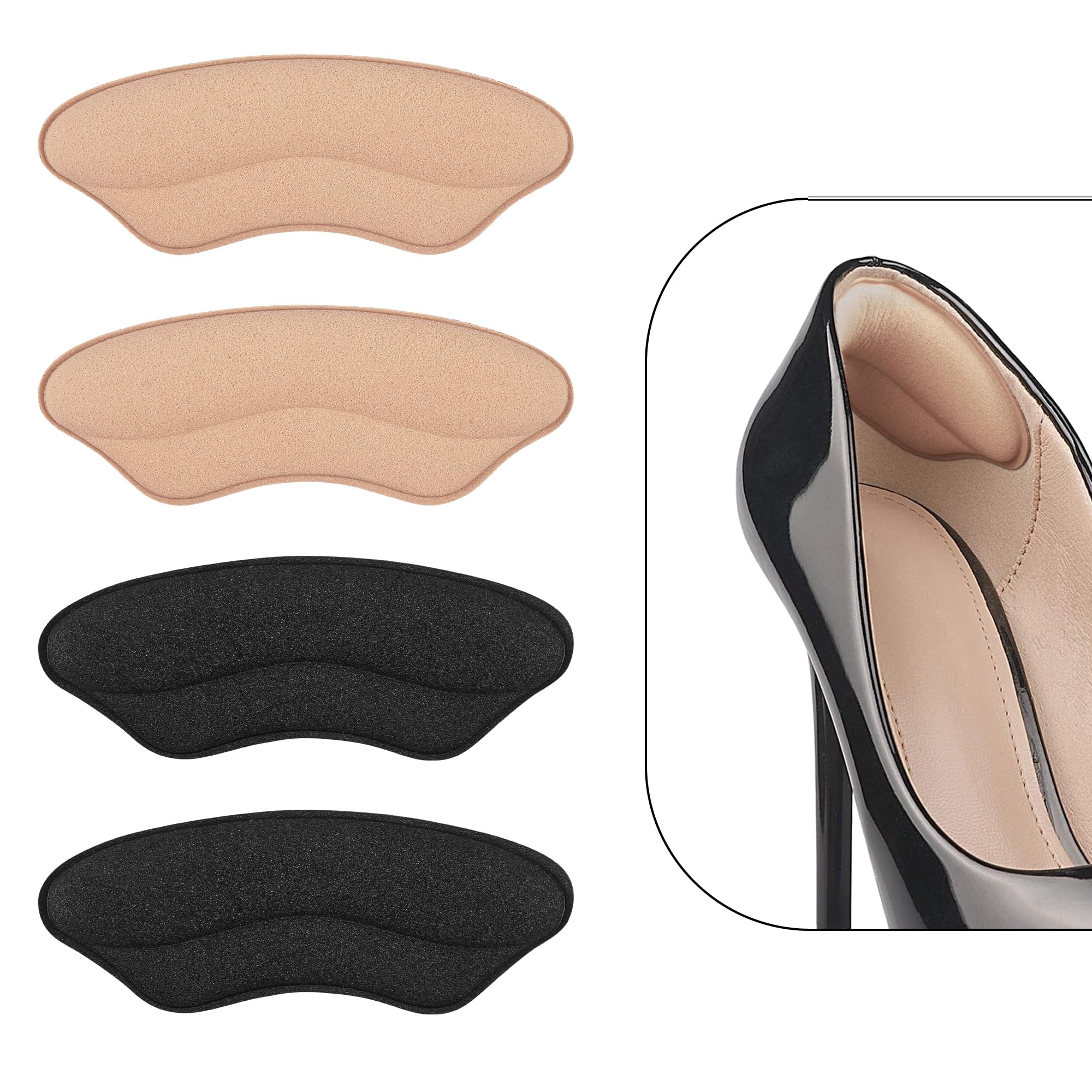 Heel Pads for Shoes That are Too Big - 4 Pairs Foamed Cotton Heel Cushions for Pain Relief & Tighter Fit - Heel Grips for Men Women's Shoes (Pale Apricot+Black)