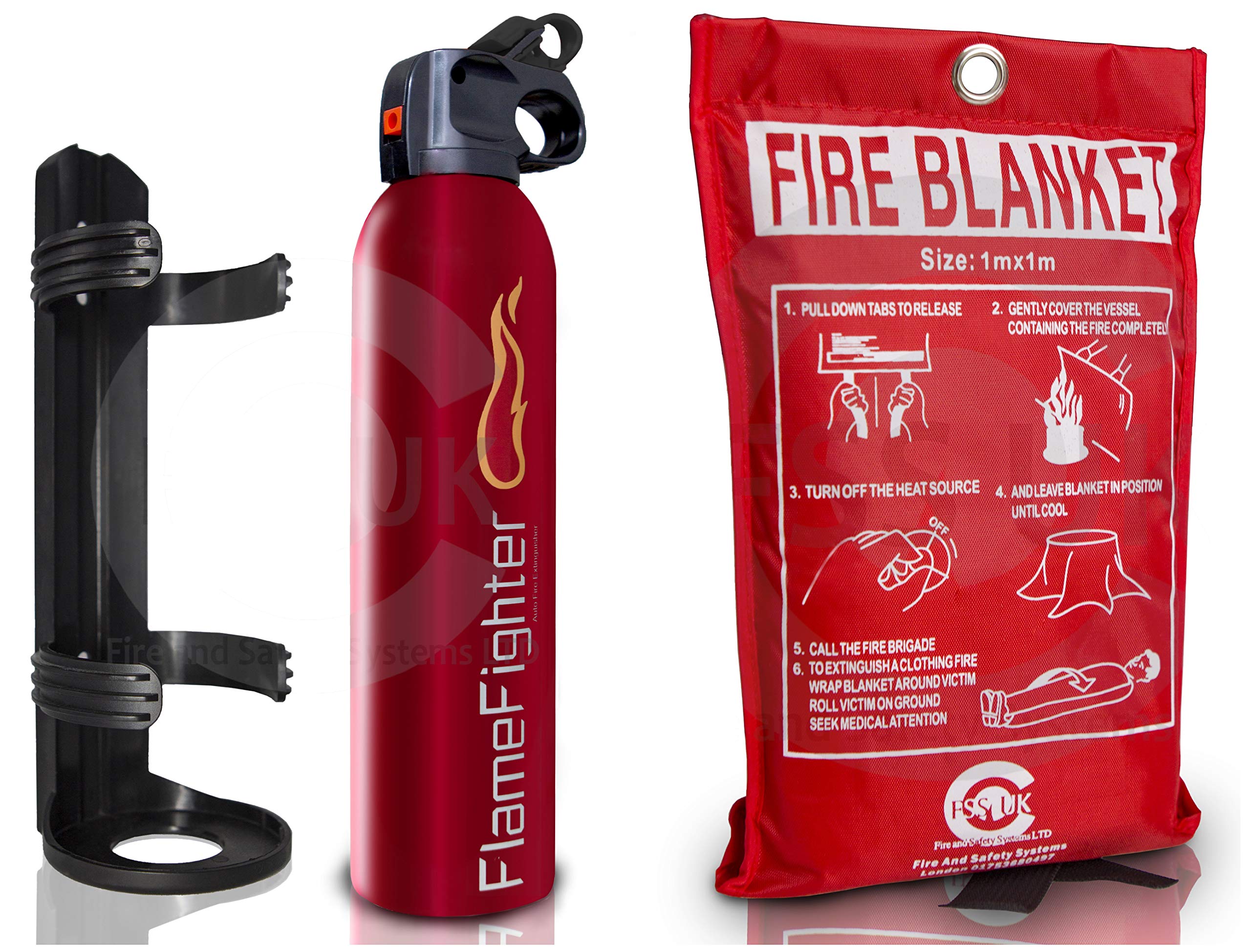 Premium FSS UK 500 g ABC Powder Fire Extinguisher & 1m x 1m Fire Blanket. Ideal for Home Kitchen Caravans Boats Restaurants Workshops and Offices