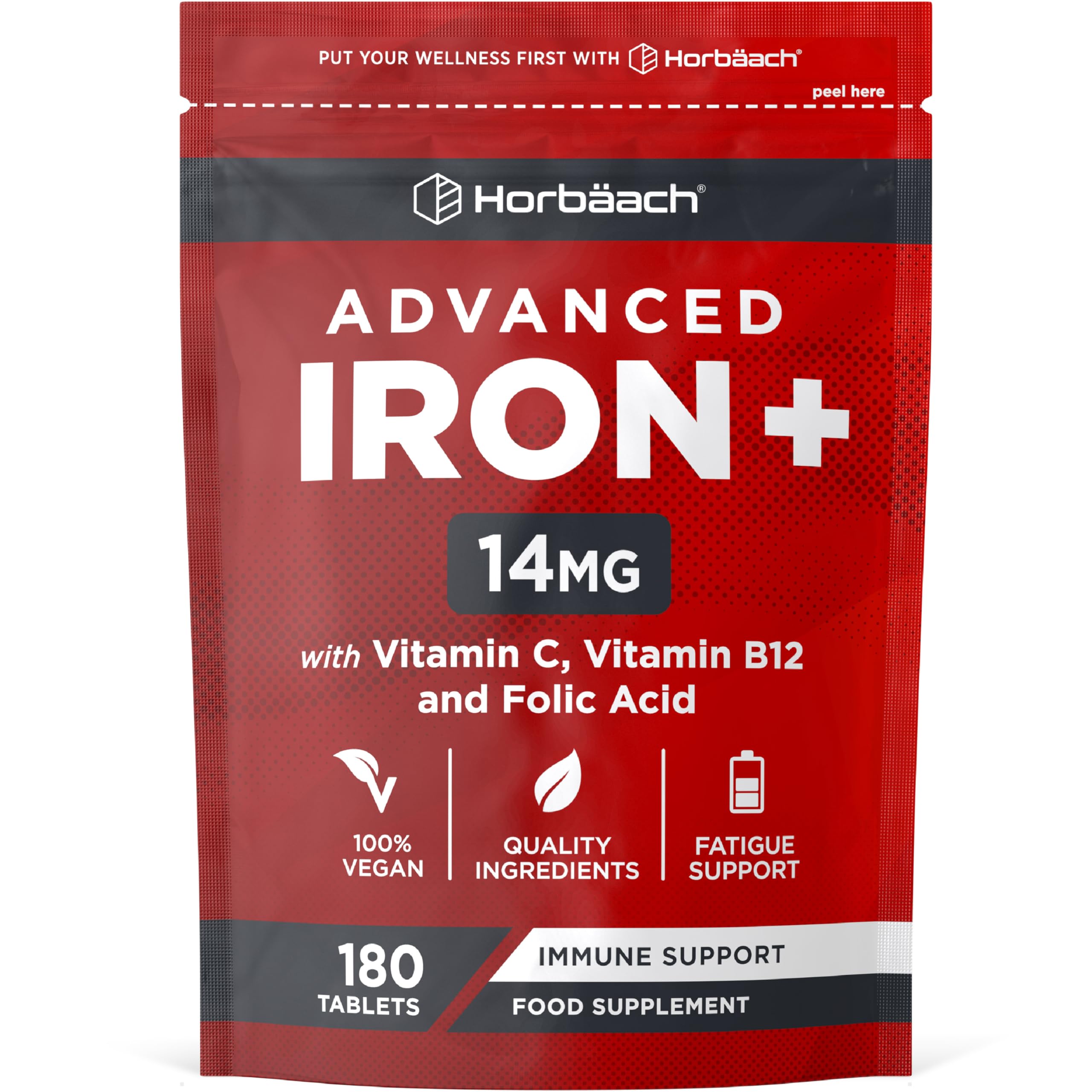 Iron Tablets Complex | High Strength Iron with Vitamin C, Folic Acid & Vitamin B12 | Supplement for Men & Women | 180 Vegan Tablets | by Horbaach