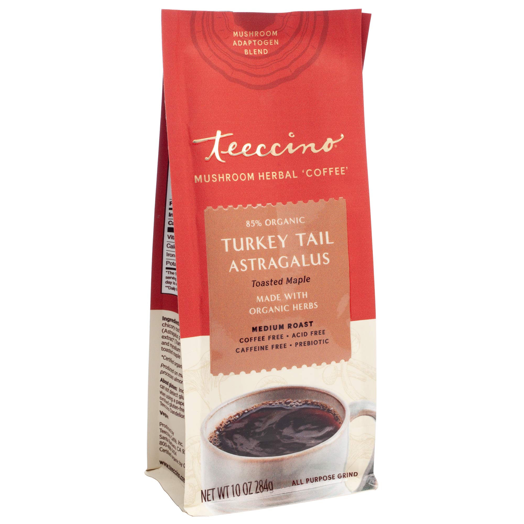 TeeccinoTurkey Tail Astragalus Coffee Alternative - Toasted Maple - Adaptogenic Herbal Mushroom Coffee, Medium Roast, Caffeine Free, Prebiotic, Acid Free, All-Purpose Grind - 10 Oz