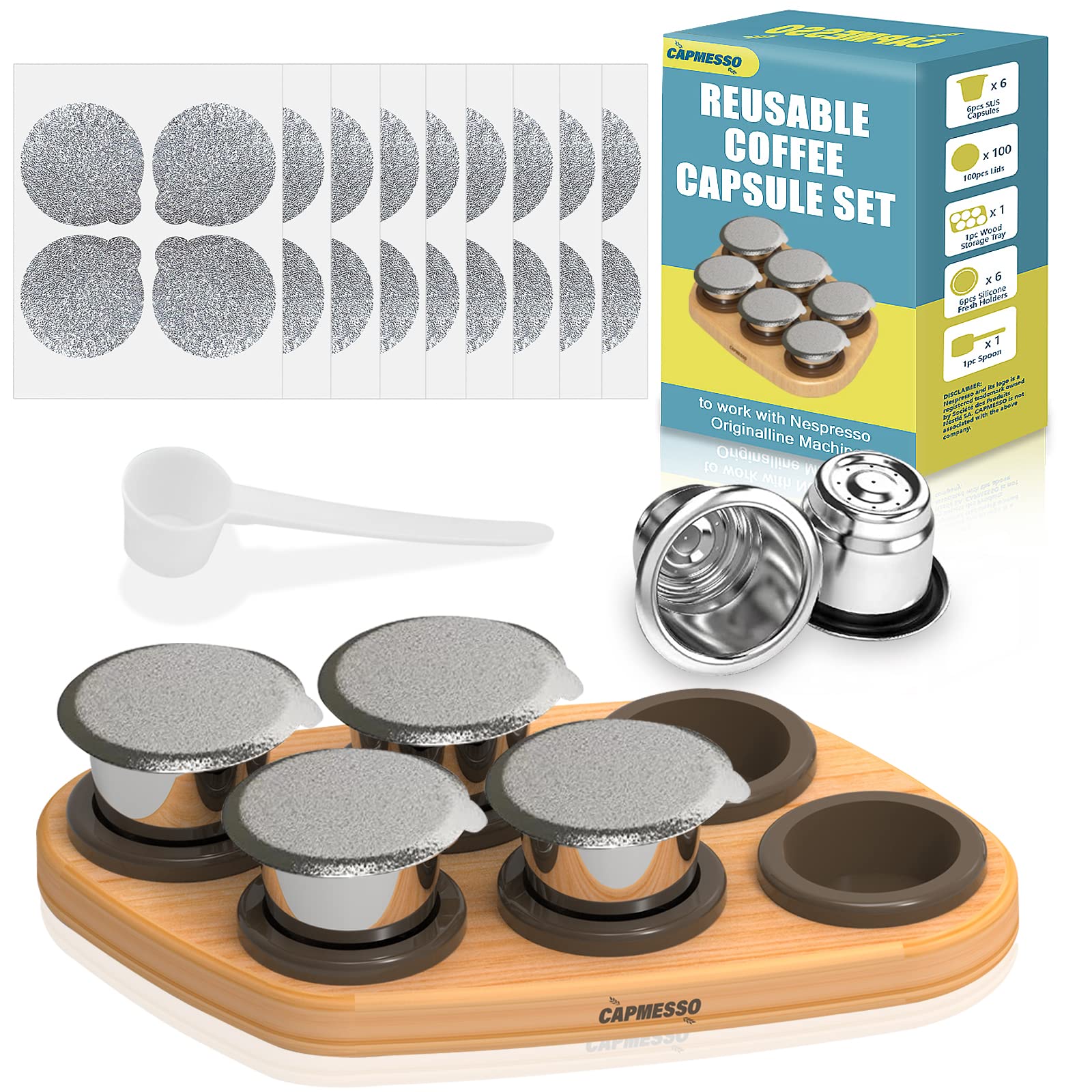 CAPMESSO Reusable Capsules for Nespresso OriginalLine, 6pcs Nespresso Refillable Pods Stainless Steel Coffee Pods Compatible with Nespresso Originaline Machine(6 Pods+100 Lids+ Wood Storage Tray)