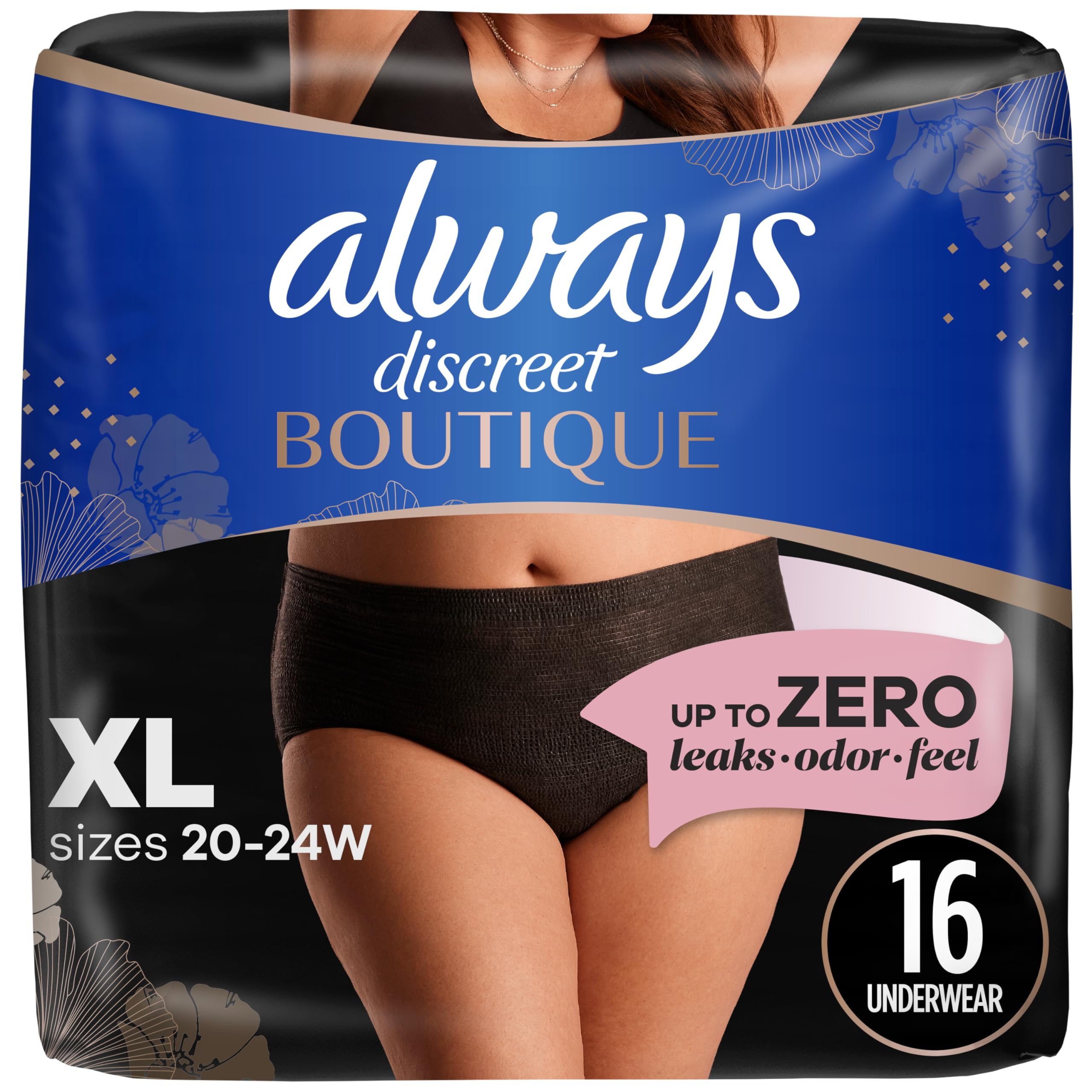 Always DiscreetBoutique Incontinence and Postpartum Underwear for Women, Maximum Protection, XL, Black, 16 Count