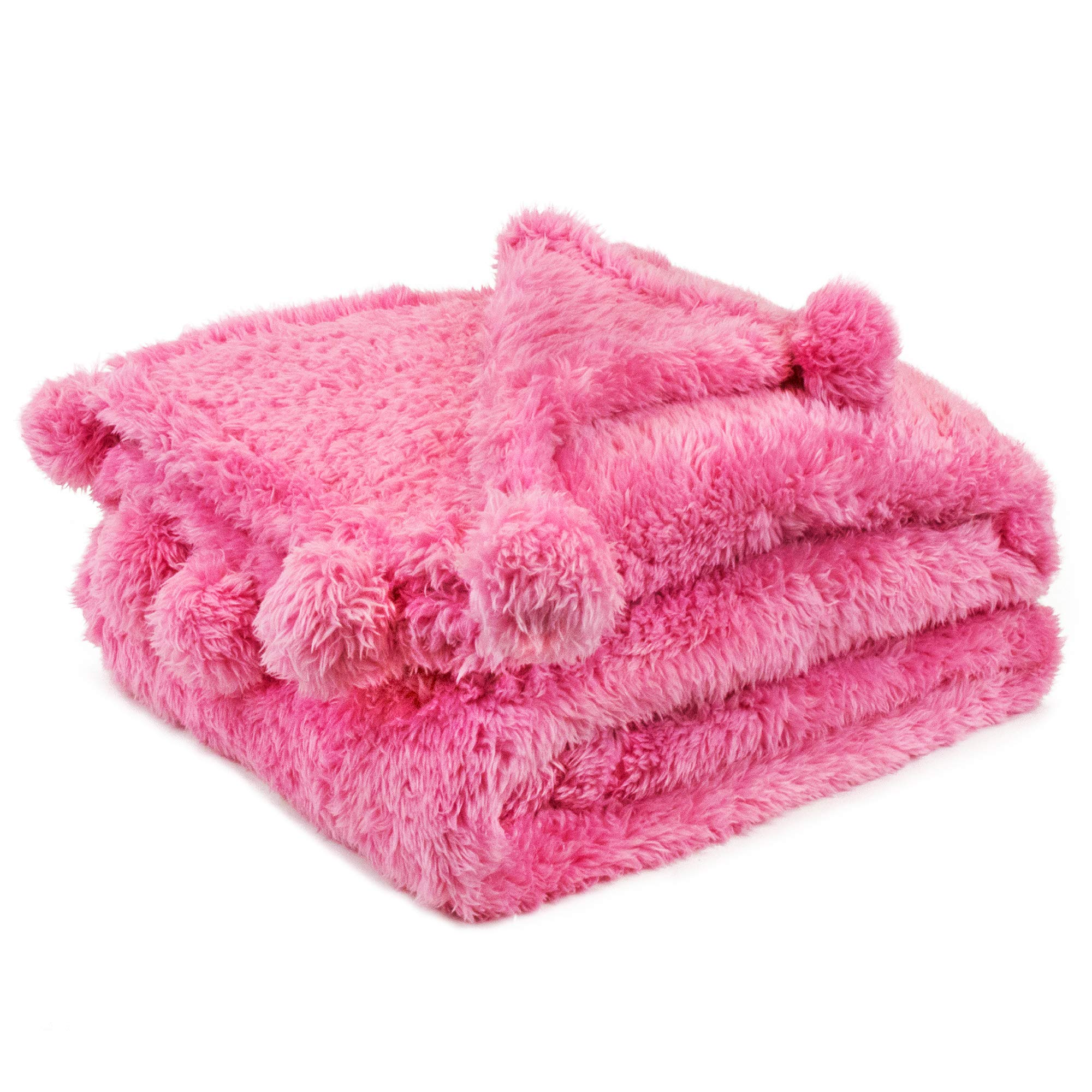 PAVILIA Hot Pink Sherpa Throw Blanket with Soft Pom Pom Fringe, Plush Cozy Warm Blankets for Couch Bed Sofa, Fuzzy Fleece Throw with Pompom, Lightweight Fluffy, Pink 50x60 in