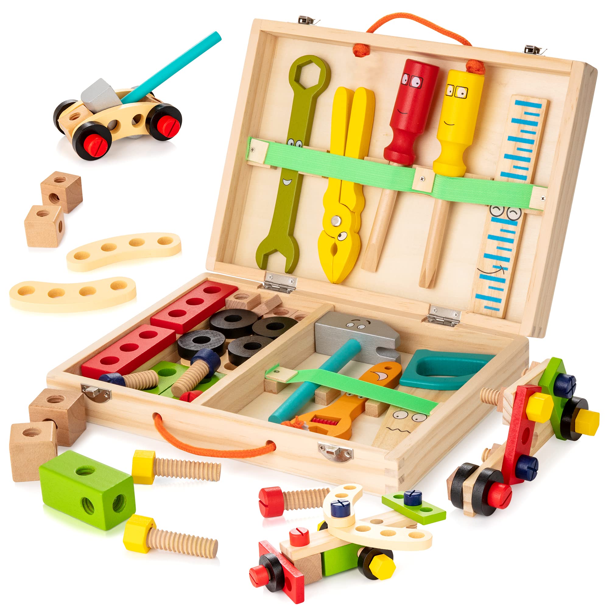 KIDWILLKIDWILL Tool Kit for Kids, Wooden Tool Box with 34pcs Wooden Tools, Building Toy Set Creative DIY Educational Construction Toy, STEM Toy for Toddlers Boys Girls