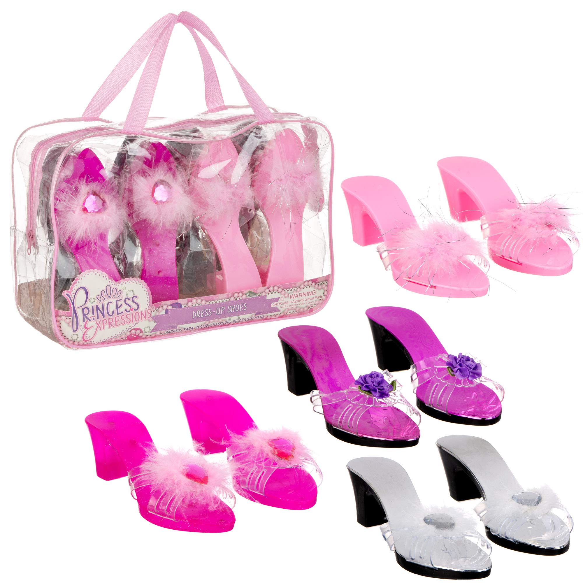 Expressions Toddler Girls Kids 4 Pack Dress Up Royalty Shoes with Heels Set in Carrying Bag - Fits Toddler Shoe Size 7-10