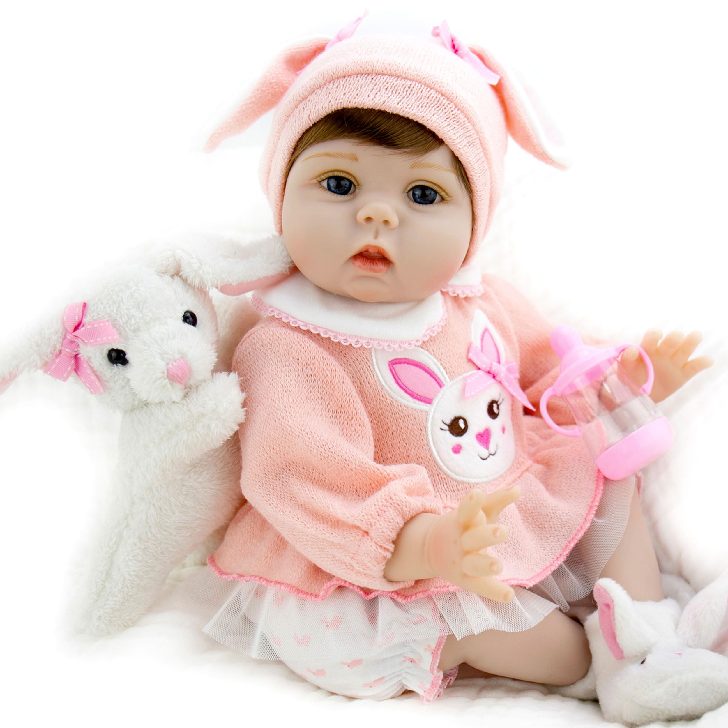 Milidool Reborn Baby Dolls Lifelike Girl Doll 22 inch Realistic Newborn Baby Doll Real Looking Silicone Baby Dolls Girl with Feeding Bunny Toy Gift Set for Kids 3+