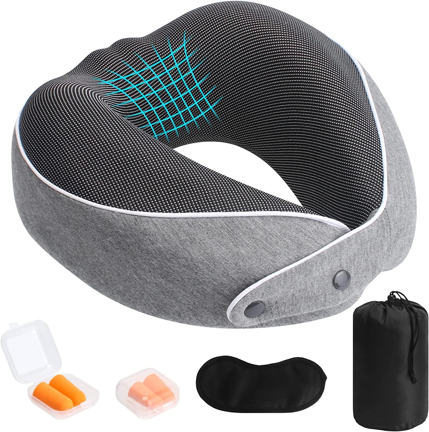 Travel Pillow Soft Memory Foam Travel Neck Pillow Comfortable Travel Neck Support Pillow Lightweight Neck Pillow Inflatable Flight Pillow with Carry Bag Earplugs and Eye Mask for Airplane Train Car