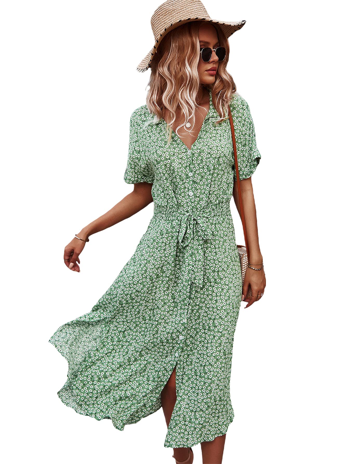 Women's Casual Ditsy Floral V Neck Button Down Short Sleeve Tie Front Flowy Boho Midi Shirt Dress