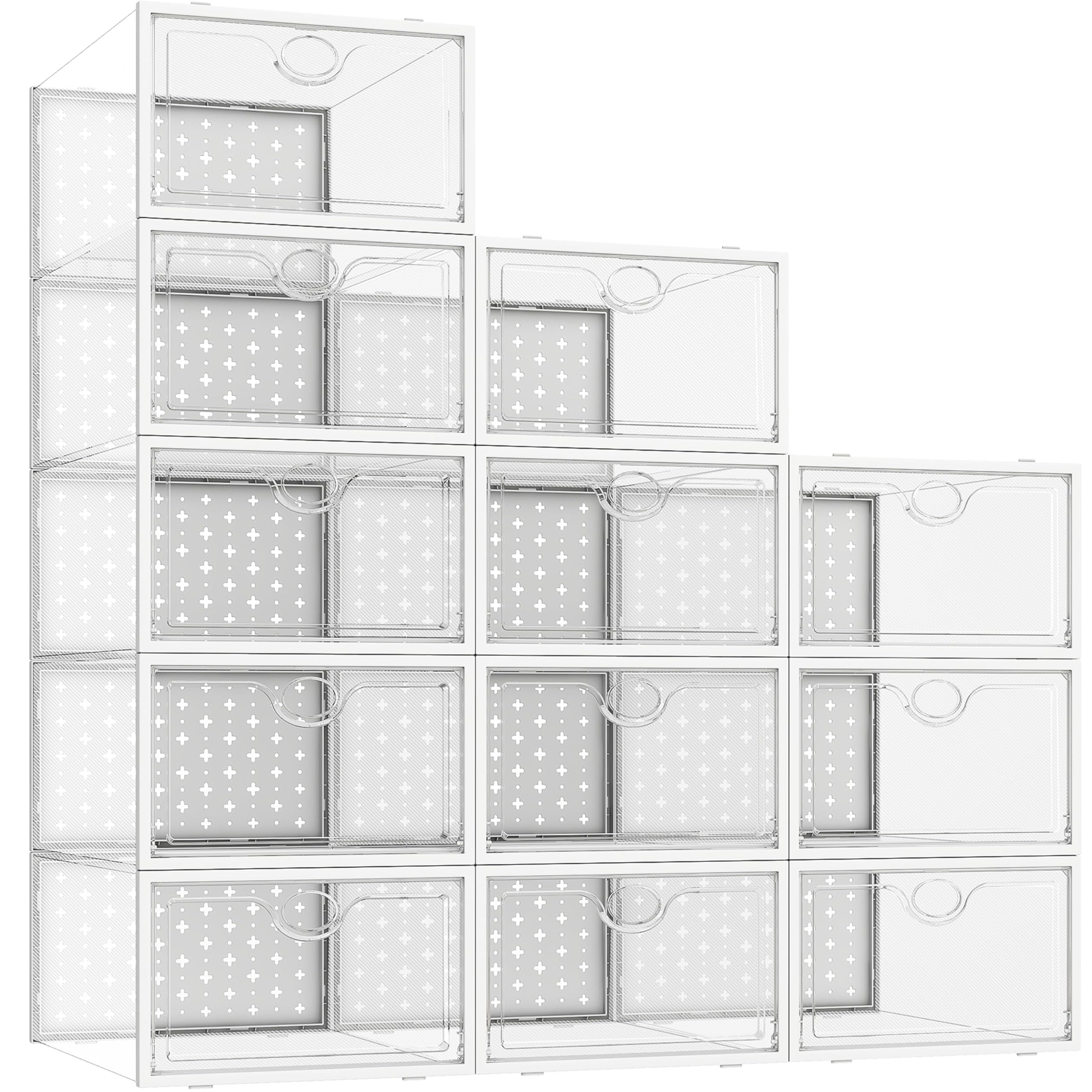 Pinkpum 12pcs Clear Shoe Boxes, Stackable Plastic Shoes Storage Organiser, Fit Size 9.5, Foldable Sneakers Containers, Great Substitute for Shoe Rack, White