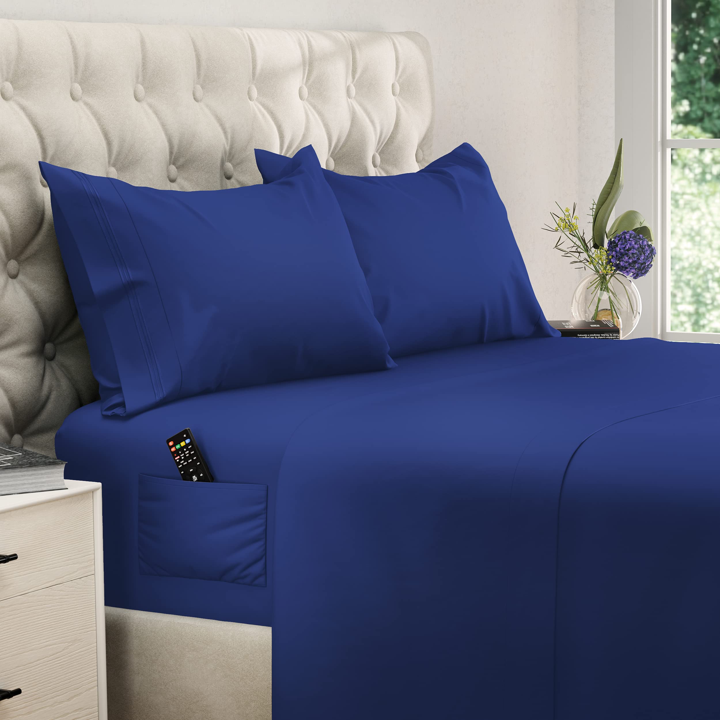 Twin Sheets Twin Size 4 pcs - Twin Bed Sheets Set Twin Sheet Set Twin Bedding Sets Twin Size Sheets Twin Fitted Sheet Twin Sheets Sets Extra Deep Pocket Twin Sheet Sets Twin Flat Sheets Navy Blue