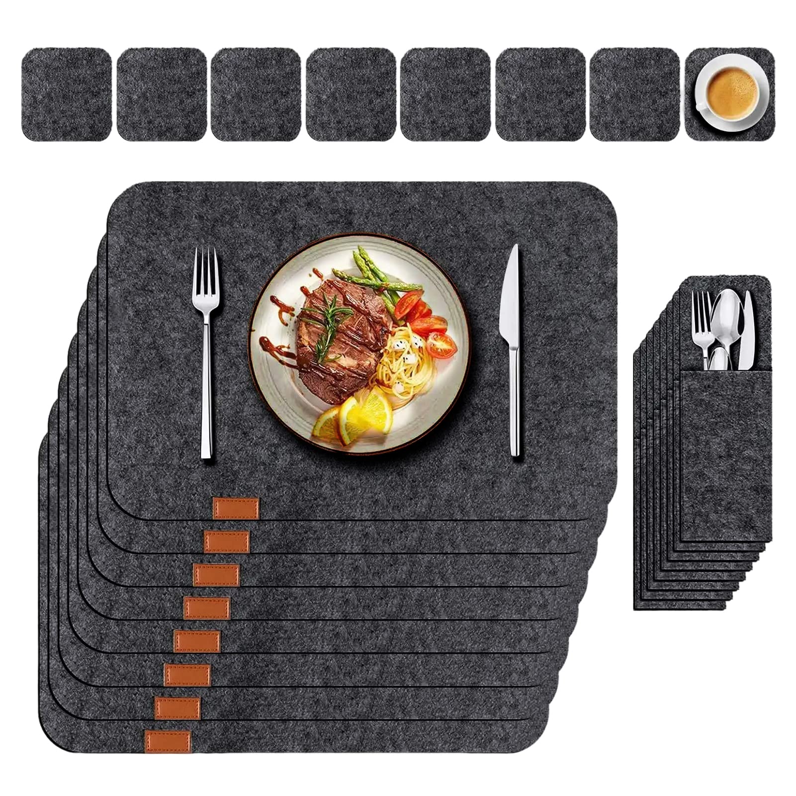 VAODO 24 Pcs Felt Placemats for Dining Table, Non-Slip and Heat-Resistant Placemats Set of 8, Contains 8 Placemats, 8 Coasters and 8 Cutlery Bags, Suitable for Gathering, Friends Party, Dark Gray