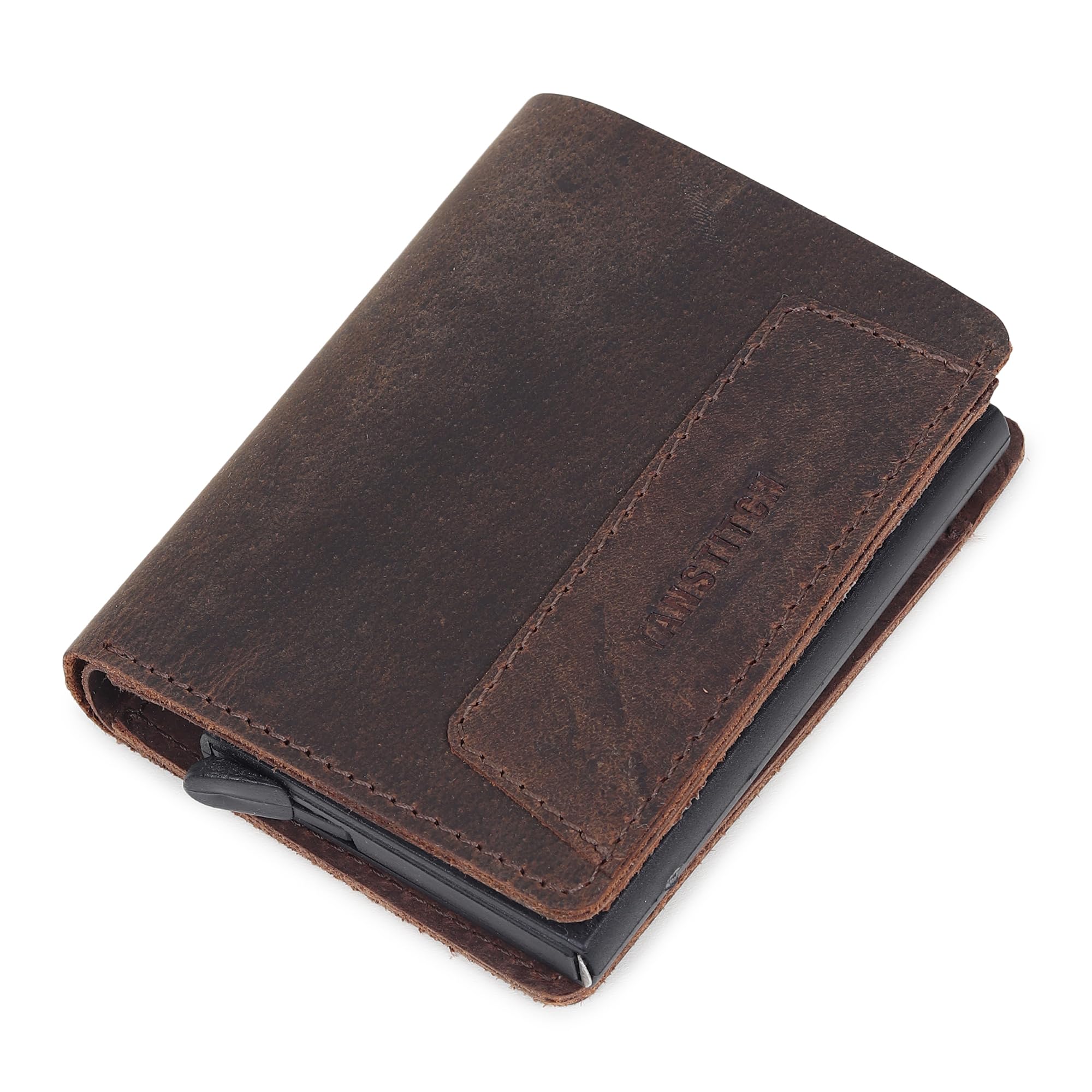 TANSTITCH Mens Maverick RFID Protected Wallet Card Holder || Pop-Up Card Holder ||Scan Proof ||Aluminium Case || Up to 8 Cards || Credit & Debit Card Holder (Brown)