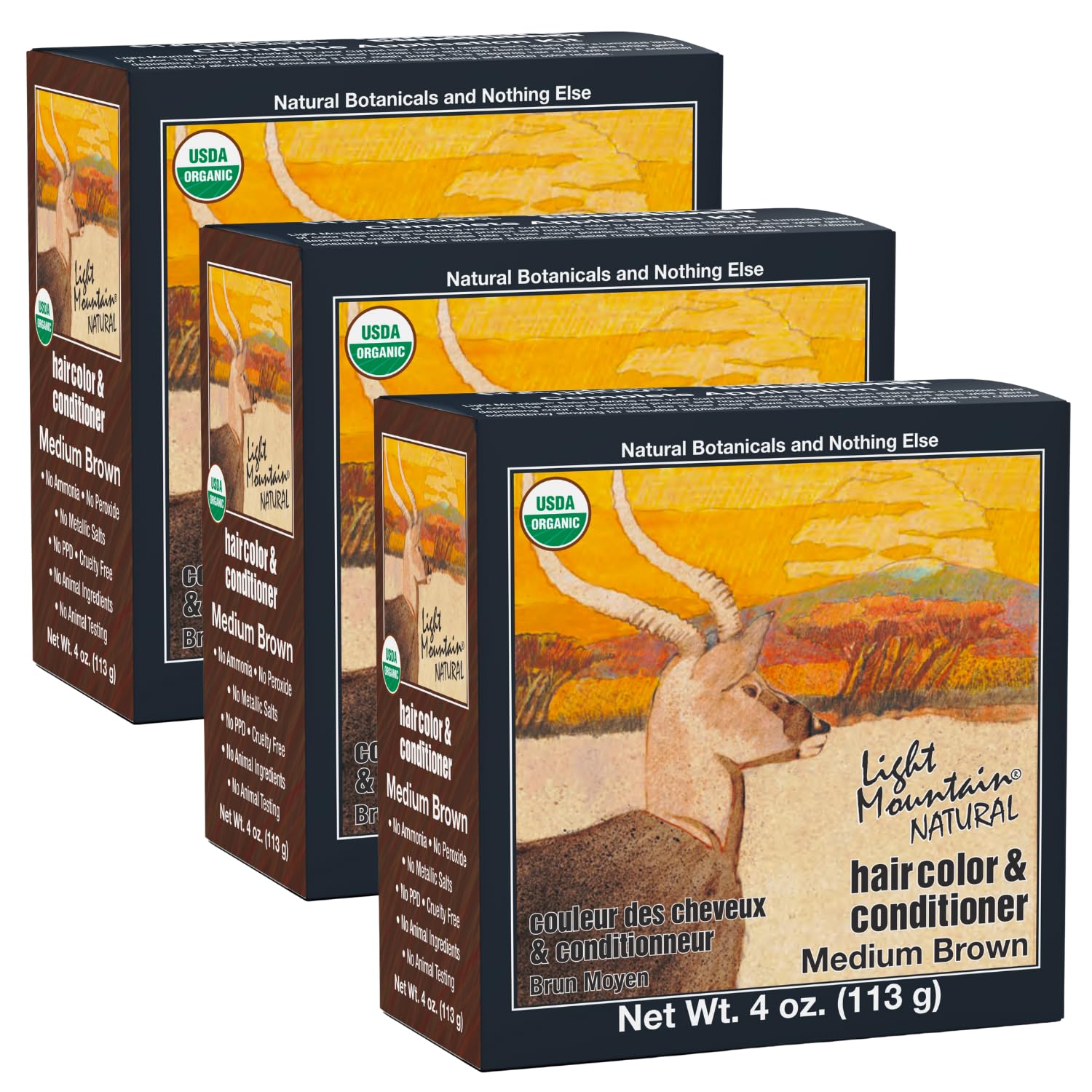 Light Mountain Henna Hair Color & Conditioner - Medium Brown Hair Dye for Men/Women, Organic Henna Leaf Powder and Botanicals, Chemical-Free Semi-Permanent Hair Color, 4 Oz (Pack of 3)