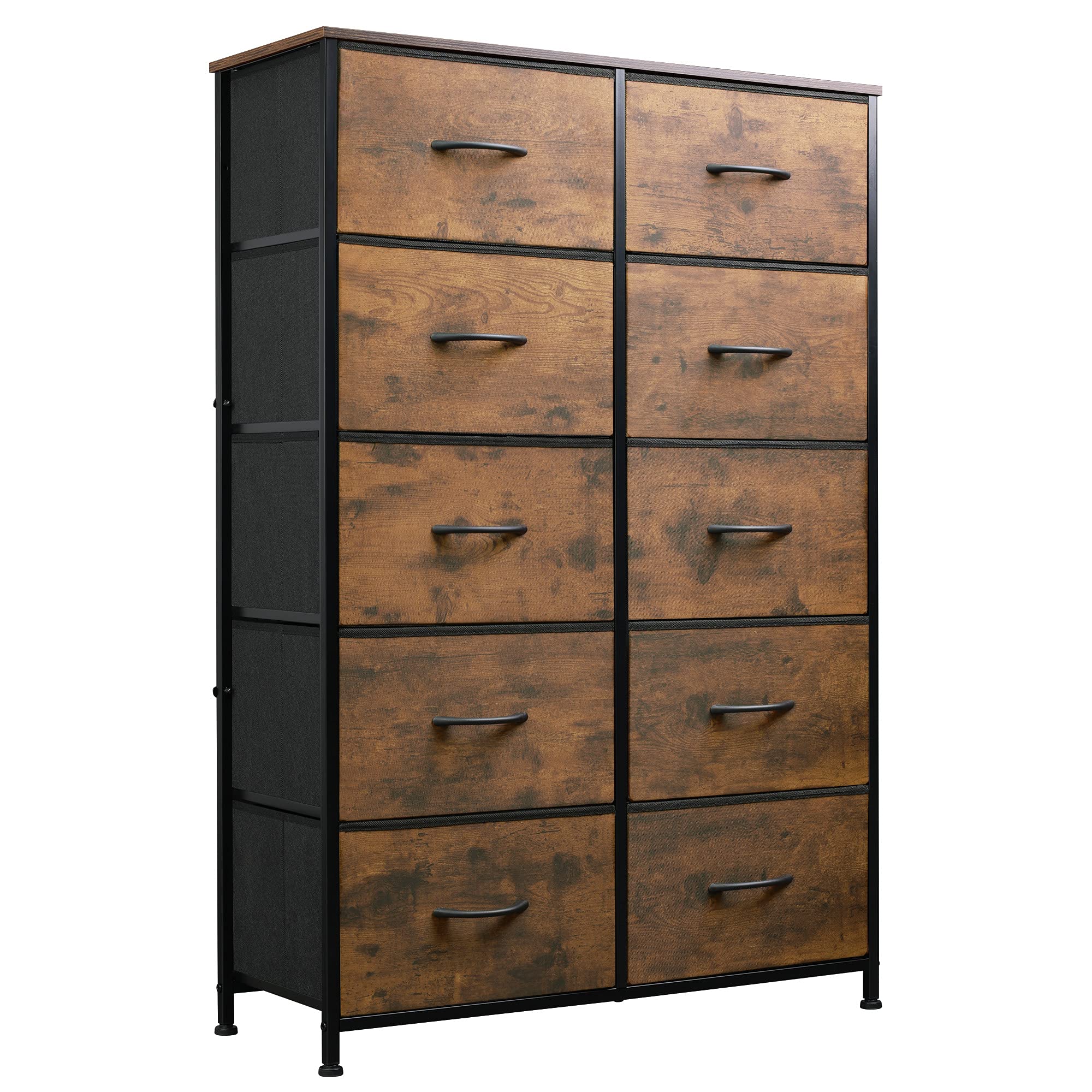 WLIVE 10-Drawer Dresser, Fabric Storage Tower for Bedroom, Nursery, Entryway, Closets, Tall Chest Organizer Unit with Textured Print Fabric Bins, Steel Frame, Wood Top, Easy Pull Handle, Rustic Brown