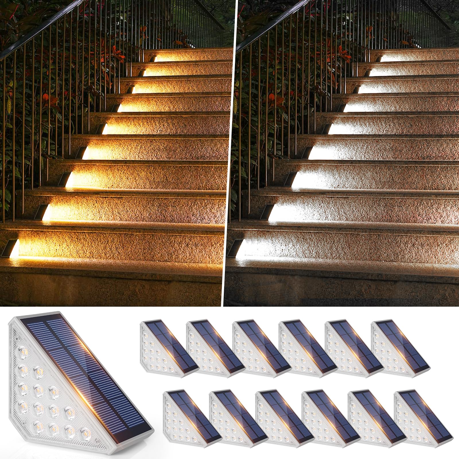 Solar Step Lights 12-Pack, Upgraded 2 in 1 LED Solar Stair Lights Waterproof, Outdoor Deck Lights with 2 Colors, Solar Lights for Outside Steps Stairs Sidewalk Yard Patio, Warm White & Cold White