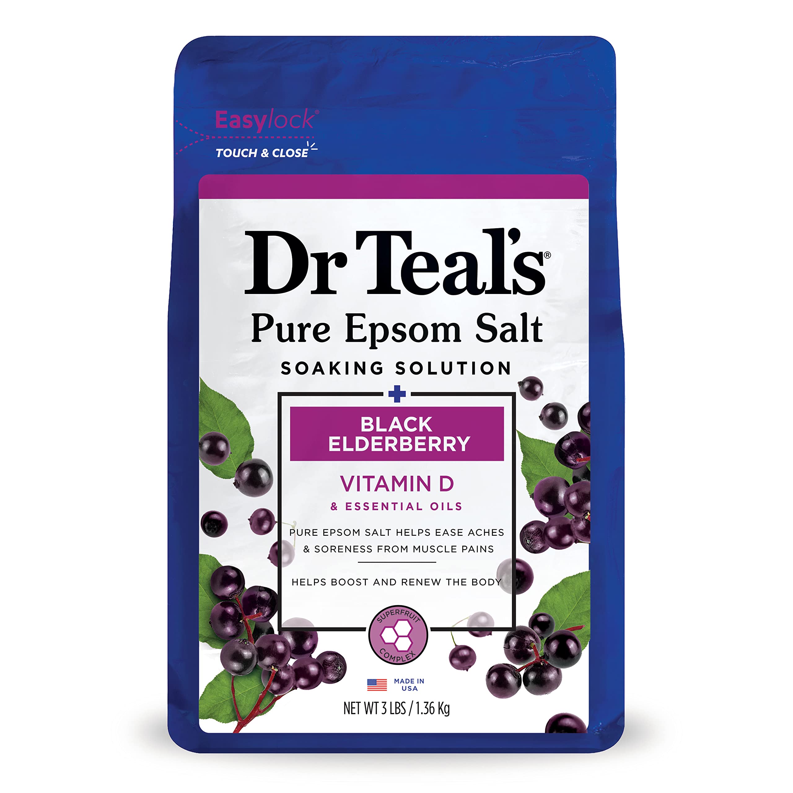 Dr Teal'sEpsom Salt Magnesium Soak, Black Elderberry with Vitamin D, 3 lbs