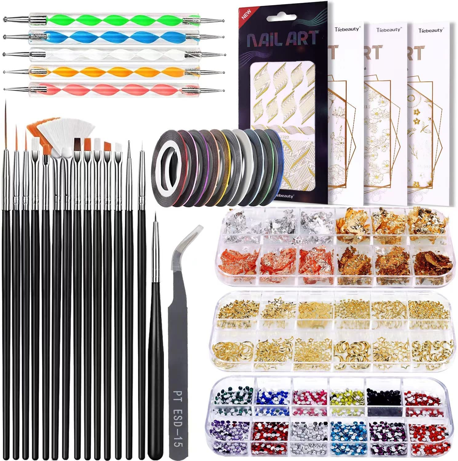 Doeek Nail Art Brush, 3D Nail Art Decorations Kit with Nail Pen Designer Dotting Tools Colors Holographic Butterfly Nail Glitter Foil Flakes Nail Tape Strips and Multi-Color Nails Rhinestones (A)