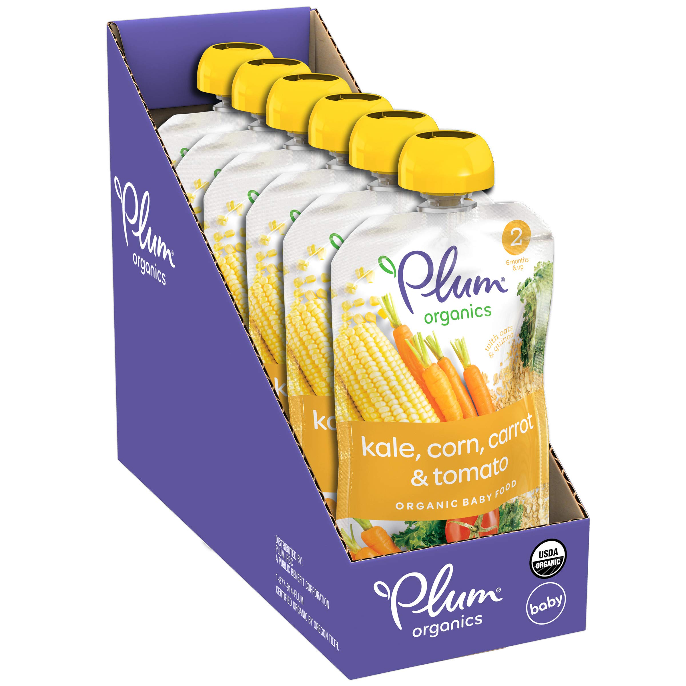 Plum Organics Baby Food Pouch | Stage 2 | Kale, Corn, Carrot & Tomato | Fresh Organic Food Squeeze | For Babies, Kids, Toddlers, 3.5 Ounce (Pack of 6)