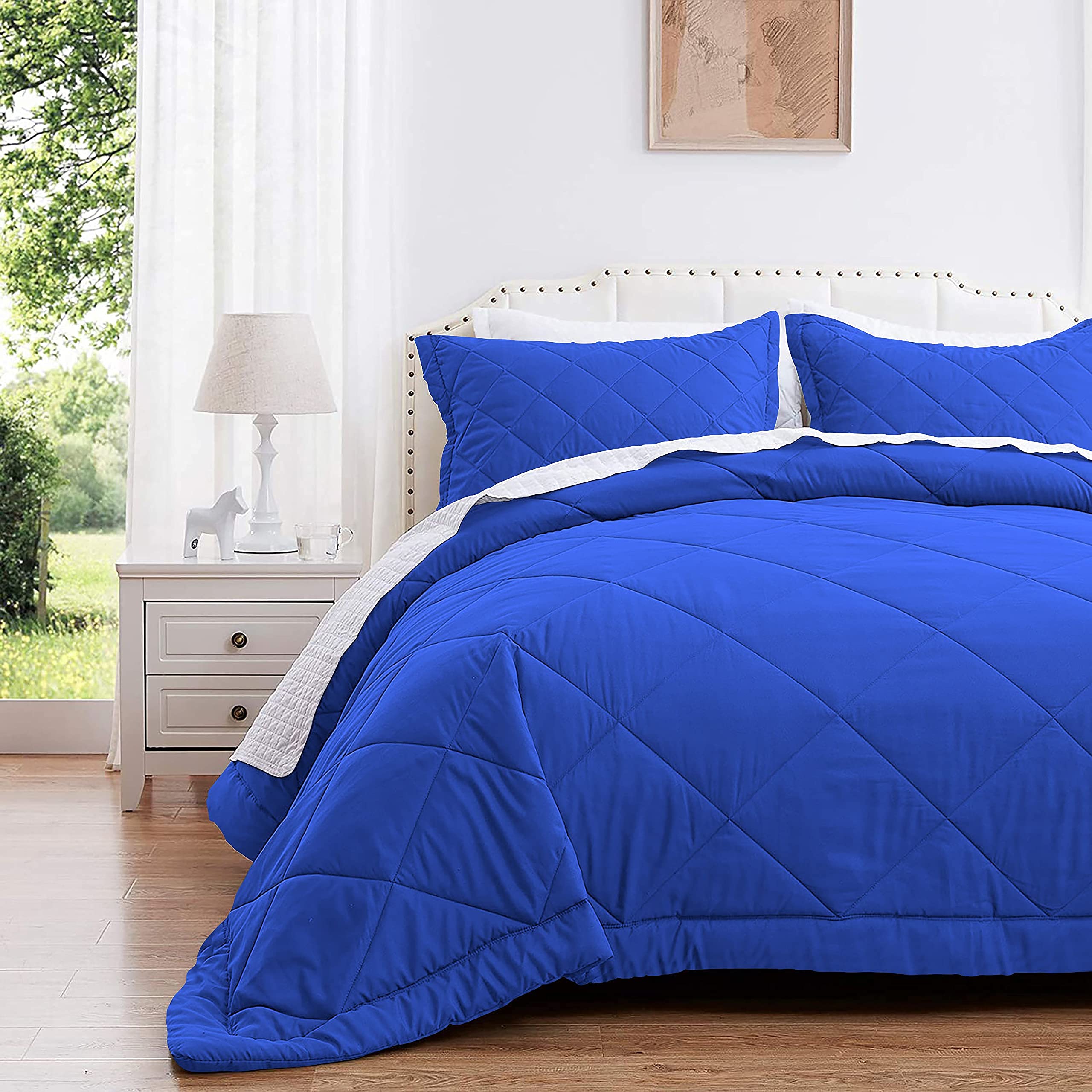 Protocott 3 Piece Luxury Diamond Pattern Comforter Set Premium Super Soft 400 GSM All Season 800 Thread Count 100% Egyptian Cotton Full/Queen Size Royal Blue Color