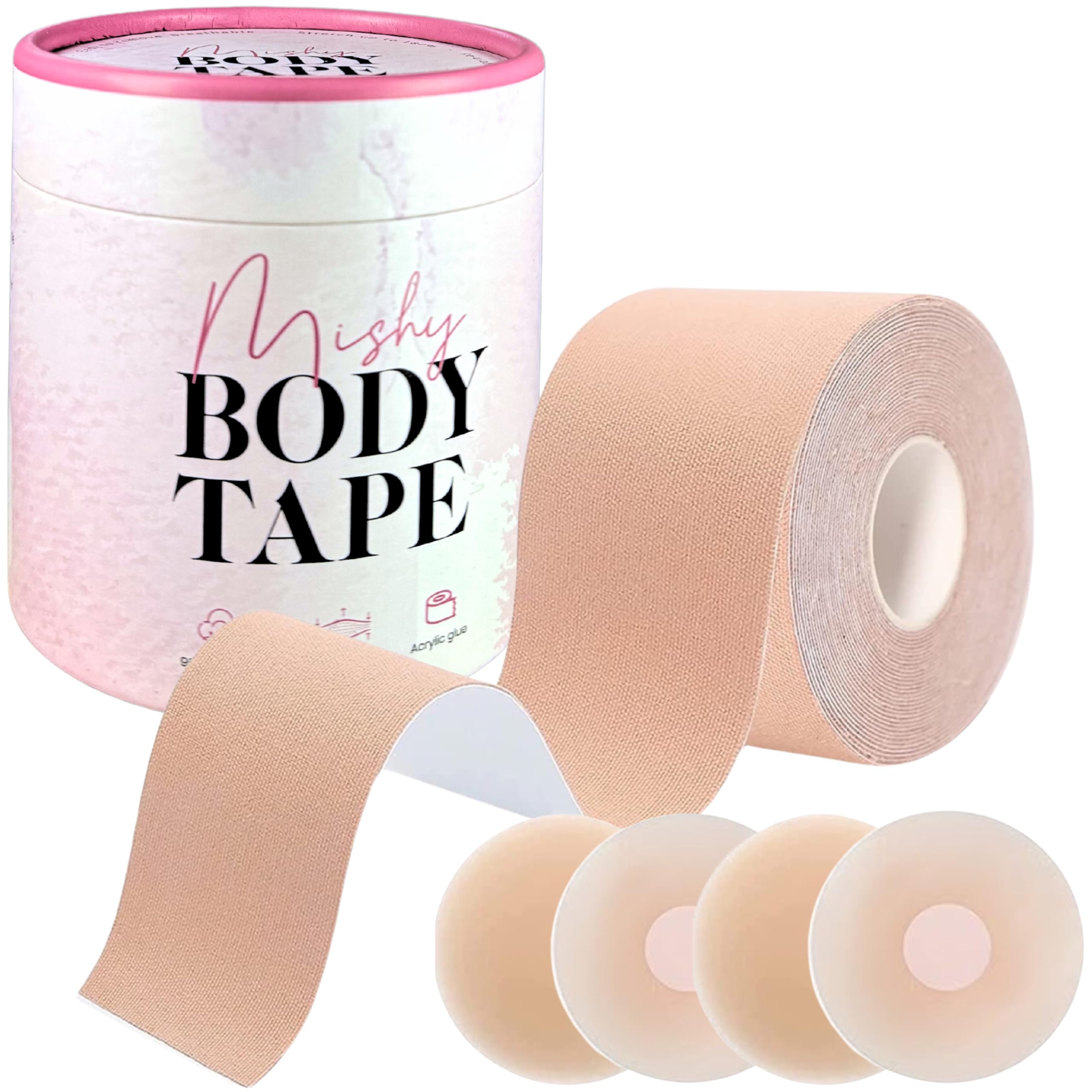 MishyMishyUK Boob Tape & Silicone Nipple Covers - Invisible Support for Strapless, Backless Dresses, Hypoallergenic, Strong Adhesive, Easy Apply, 7m Roll, Reusable, Boosts Confidence.