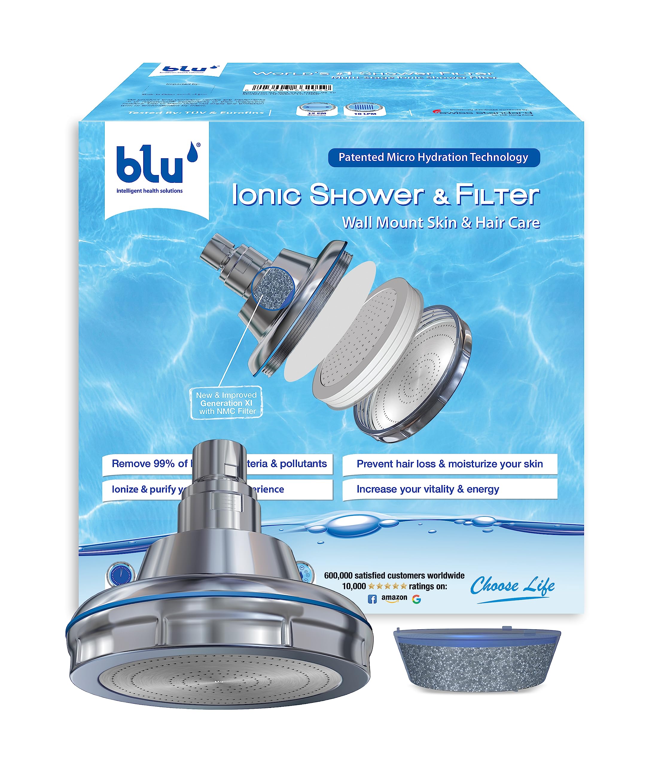 blu Ionic Shower Head and Shower Filter - Wall Mounted - Removes Chlorine & Harmful Pollutants - Prevent Hair Loss & Moisturize Your Skin, Chrome