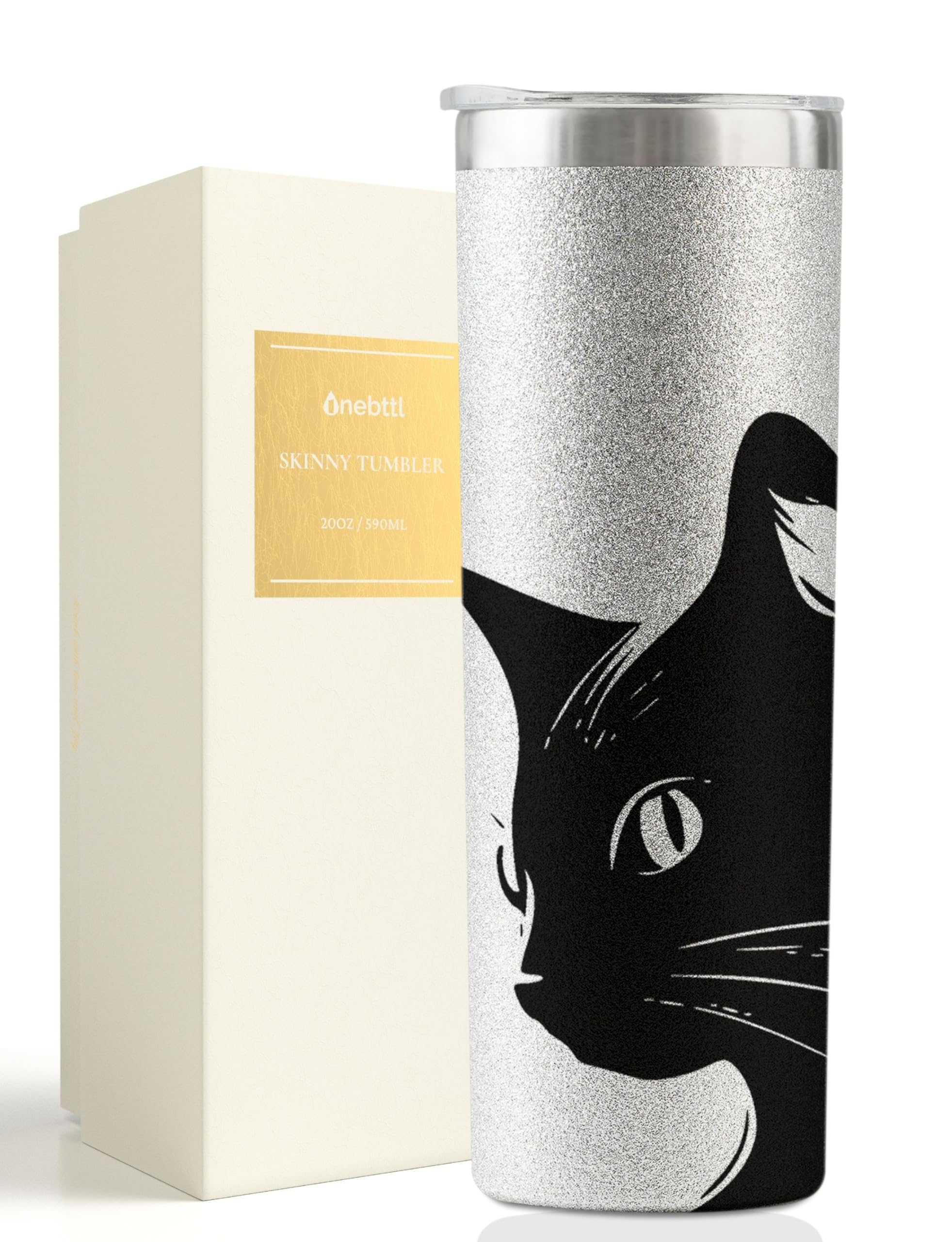 Onebttl Black Cat Gifts for Cat Lovers, Insulated Stainless Steel Tumblers with Lids and Straws, Crazy Cat Lady, Cat Mom Gifts for Birthday, Mother's Day, Christmas, Glitter Silver, 20 oz, Profile