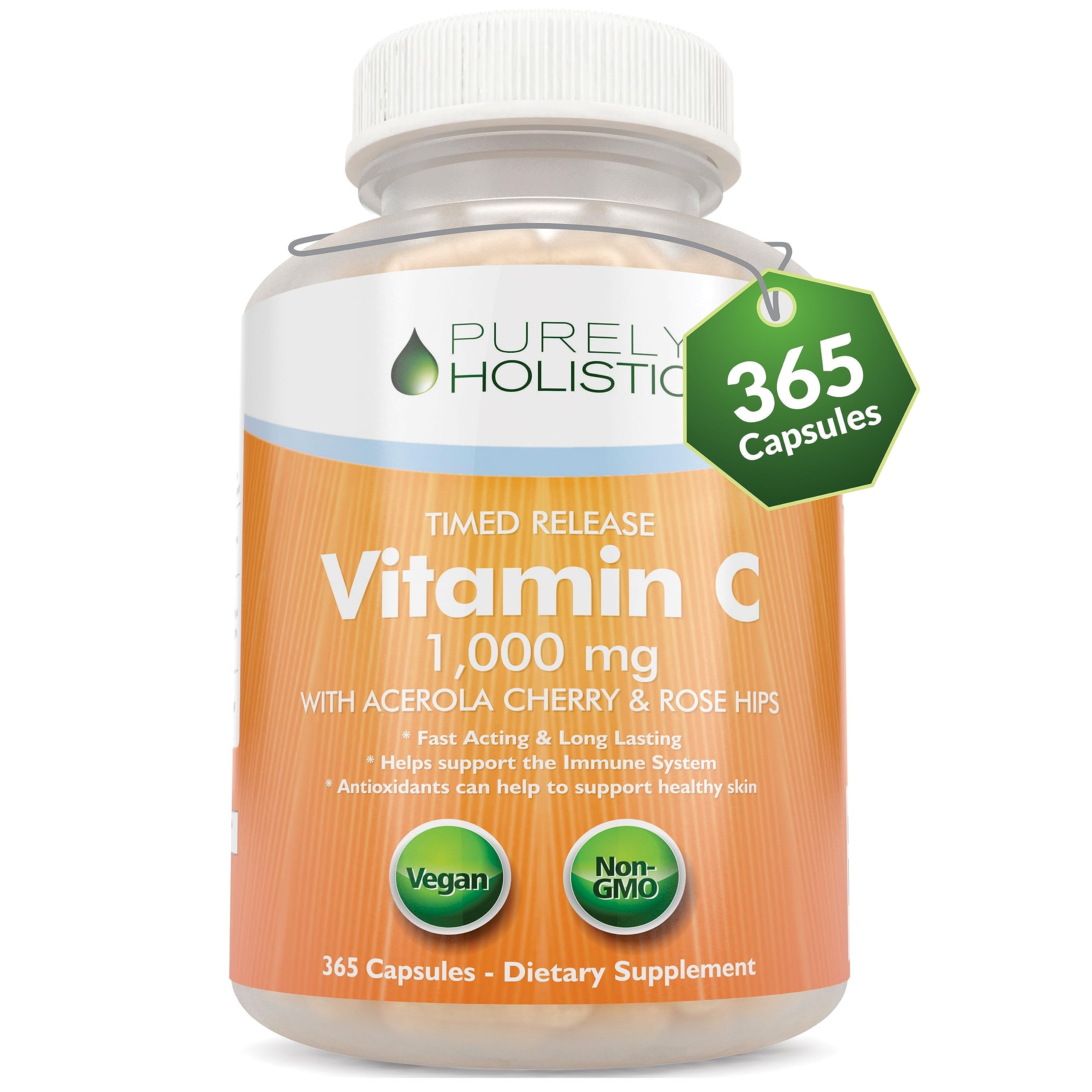 Purely Holistic Vitamin C 1000mg, 365 Capsules, 12 Month Supply, 2 Stage Timed Release with Ascorbic Acid, Rosehip & Acerola Cherry Bioflavonoid, Immune System Support, Vegan