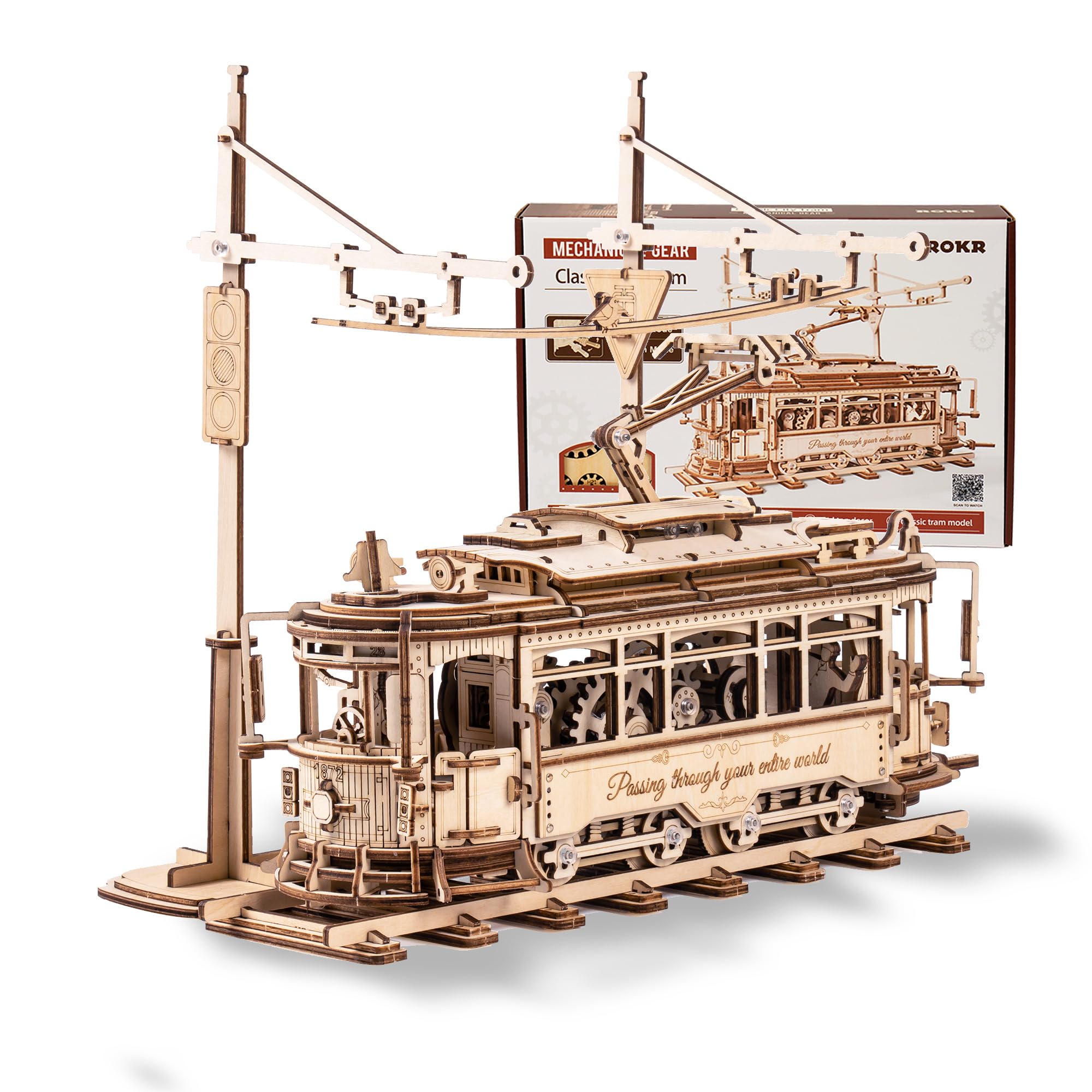 ROKR 3D Wooden Puzzles Model Car Kits for Adults to Build - Wooden Toy Tram Train Set with Railway - Wood 3D Puzzles for Adults - Gift Idea for Christmas Father's Day Birthday