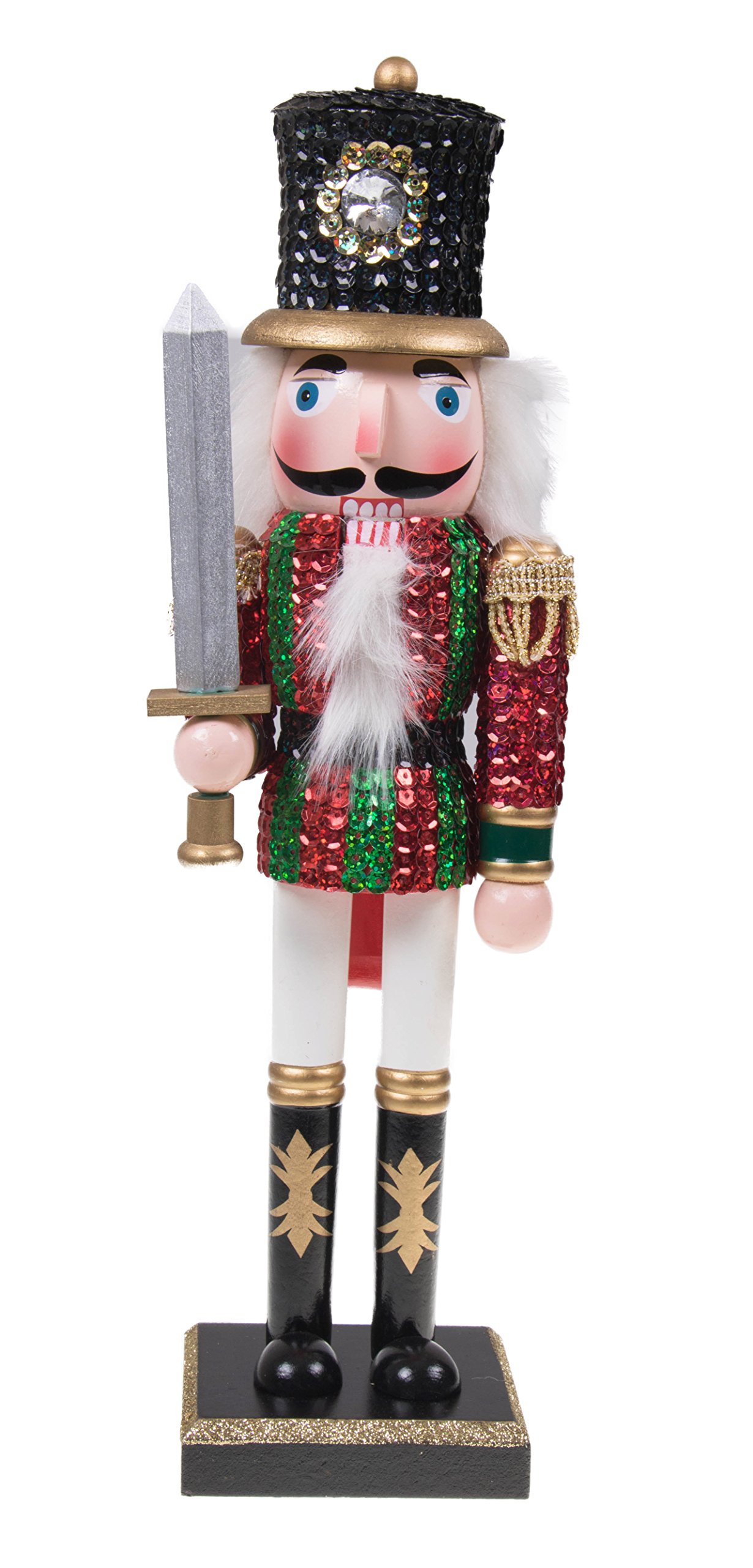 Clever Creations Red and Green Sequin Soldier 14 Inch Traditional Wooden Nutcracker, Festive Christmas Décor for Shelves and Tables