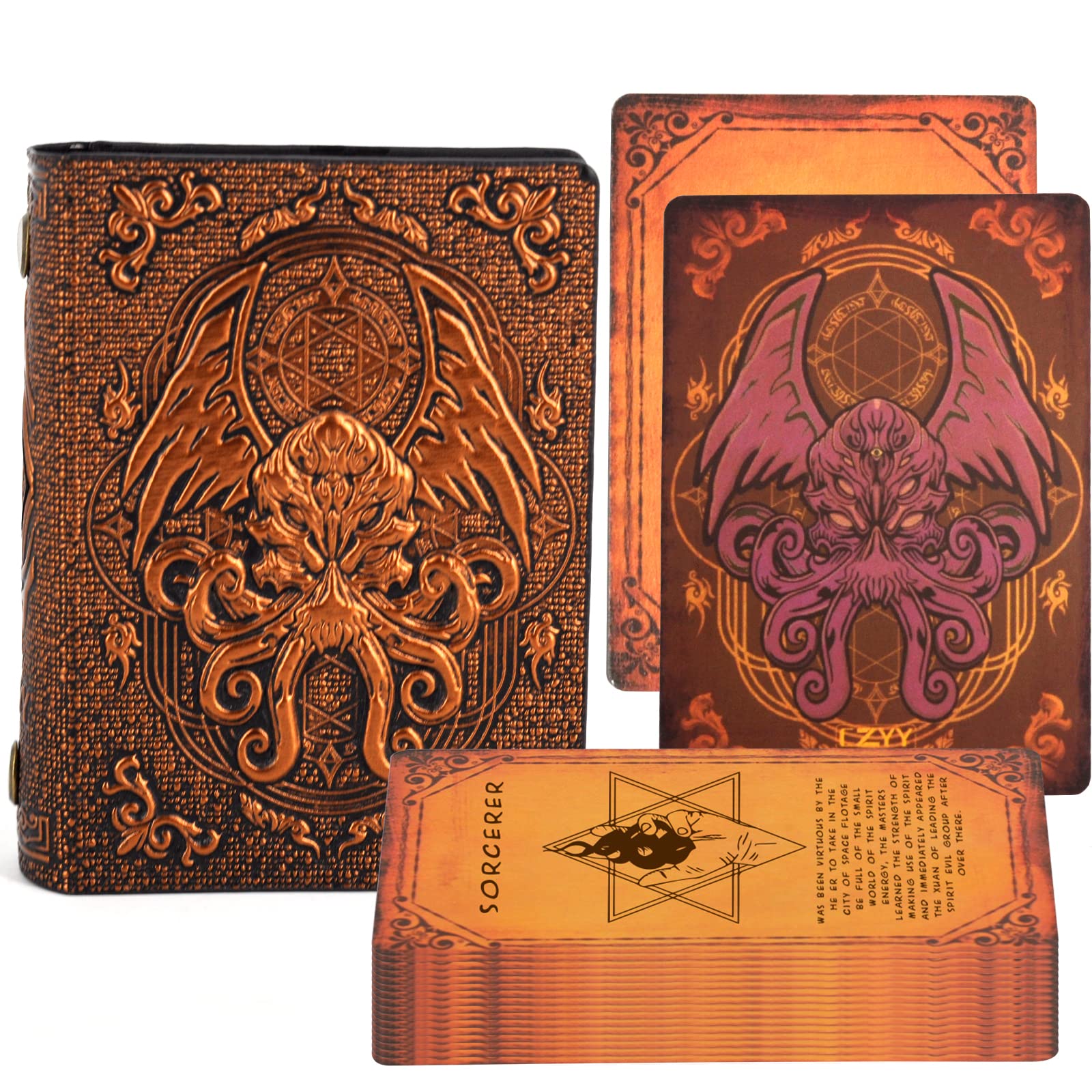 DND Spellcard Holder Cthulhu Embossed Hard Cover Spellbook Deck Case with 54 Blank Cards Tabletop Gaming Accessories for Dungeons and Dragons, RPG, Card Game (Bronze)