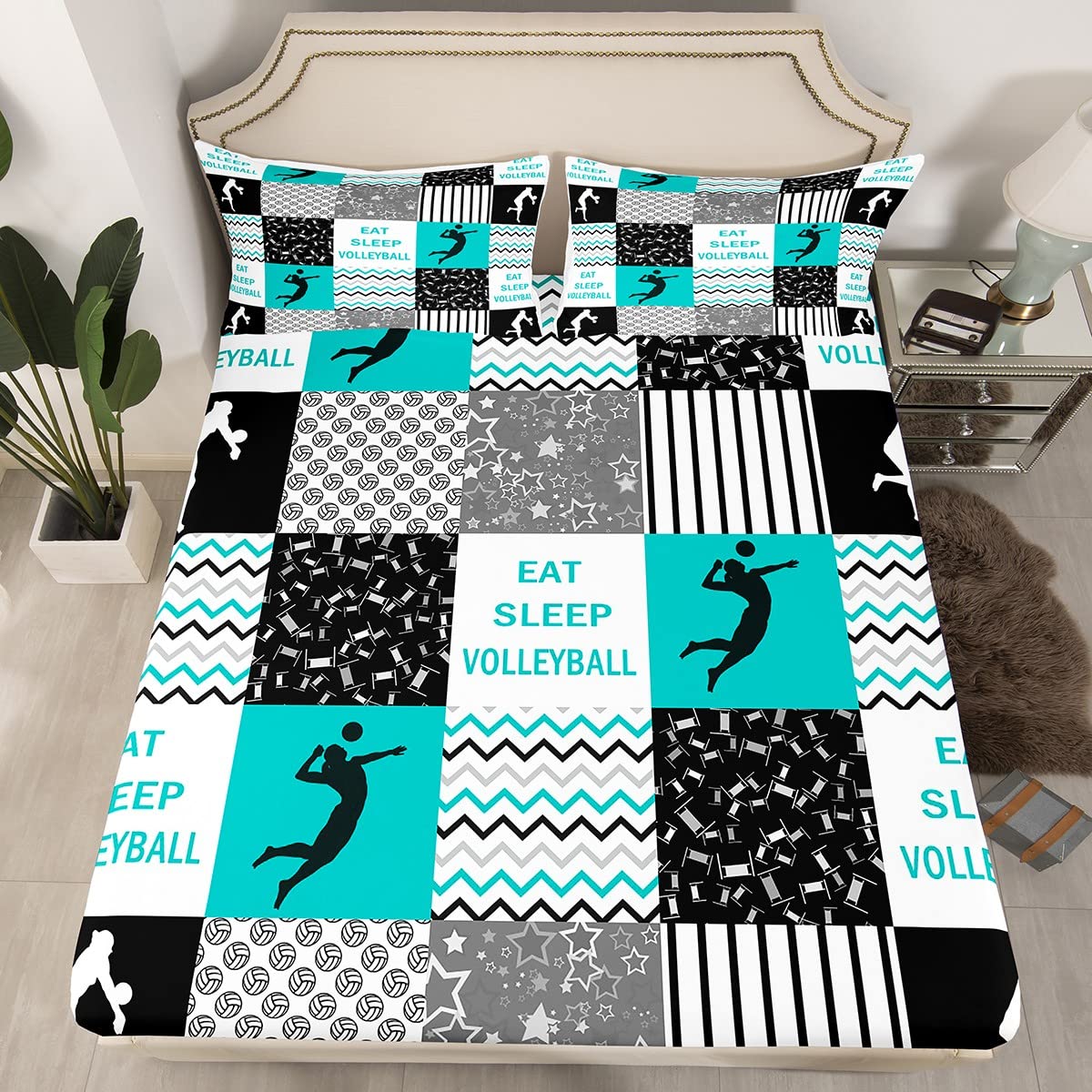 Volleyball Fitted Sheet Twin Size, Eat Sleep Volleyball Player Bedding Set Sports Game Theme Bed Sheet For Kids Boys Teens Men, Athlete Silhouette Bedding Decor Set 2 Pieces With 1 Pillow Case