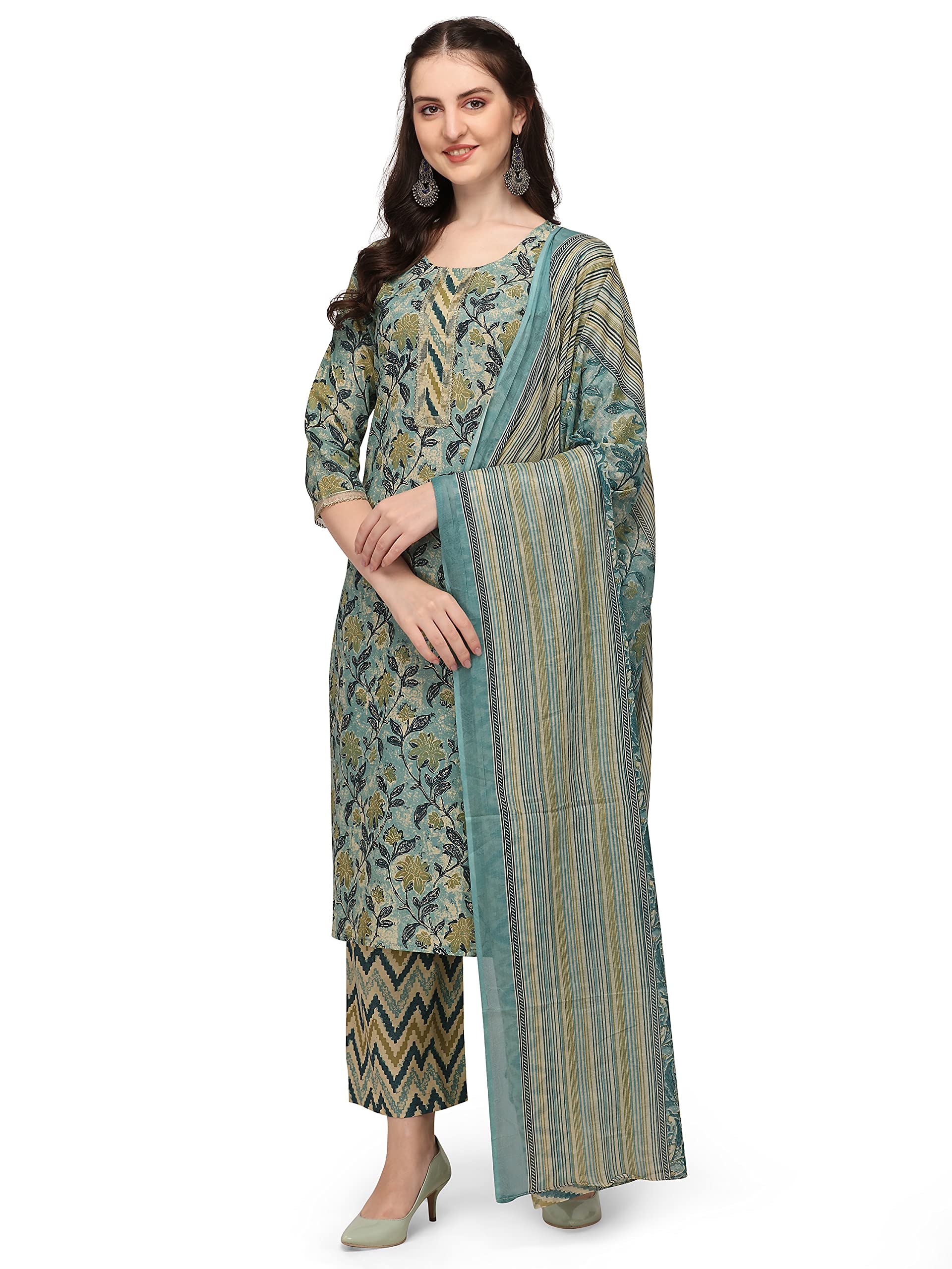 arriva fab Women's Jaipuri Floral Print Straight Side Slit Kurta Plazzo Set with duppata