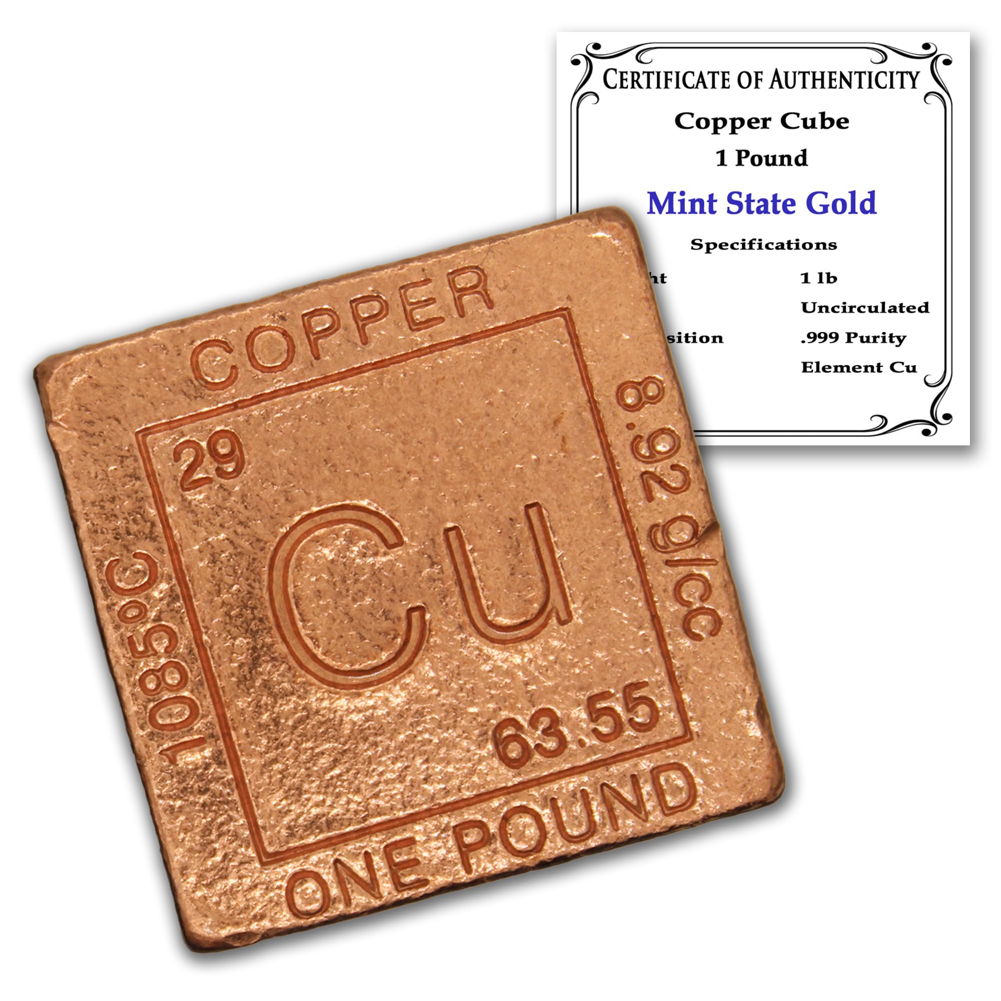 MINT STATE GOLD 1 Pound Copper Cube Bullion Paperweight with Element Design | 99.9% Pure Solid Copper with Certificate of Authenticity