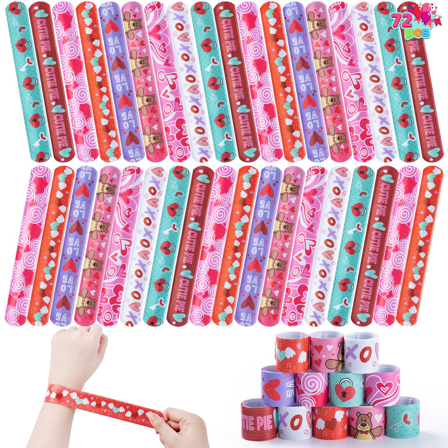 JOYINJOYIN 72 Pcs Valentines Day Slap Bracelets with Colorful Hearts and Animal for Party Favors, Kids School Supplies, Birthday presents, and Game Prizes