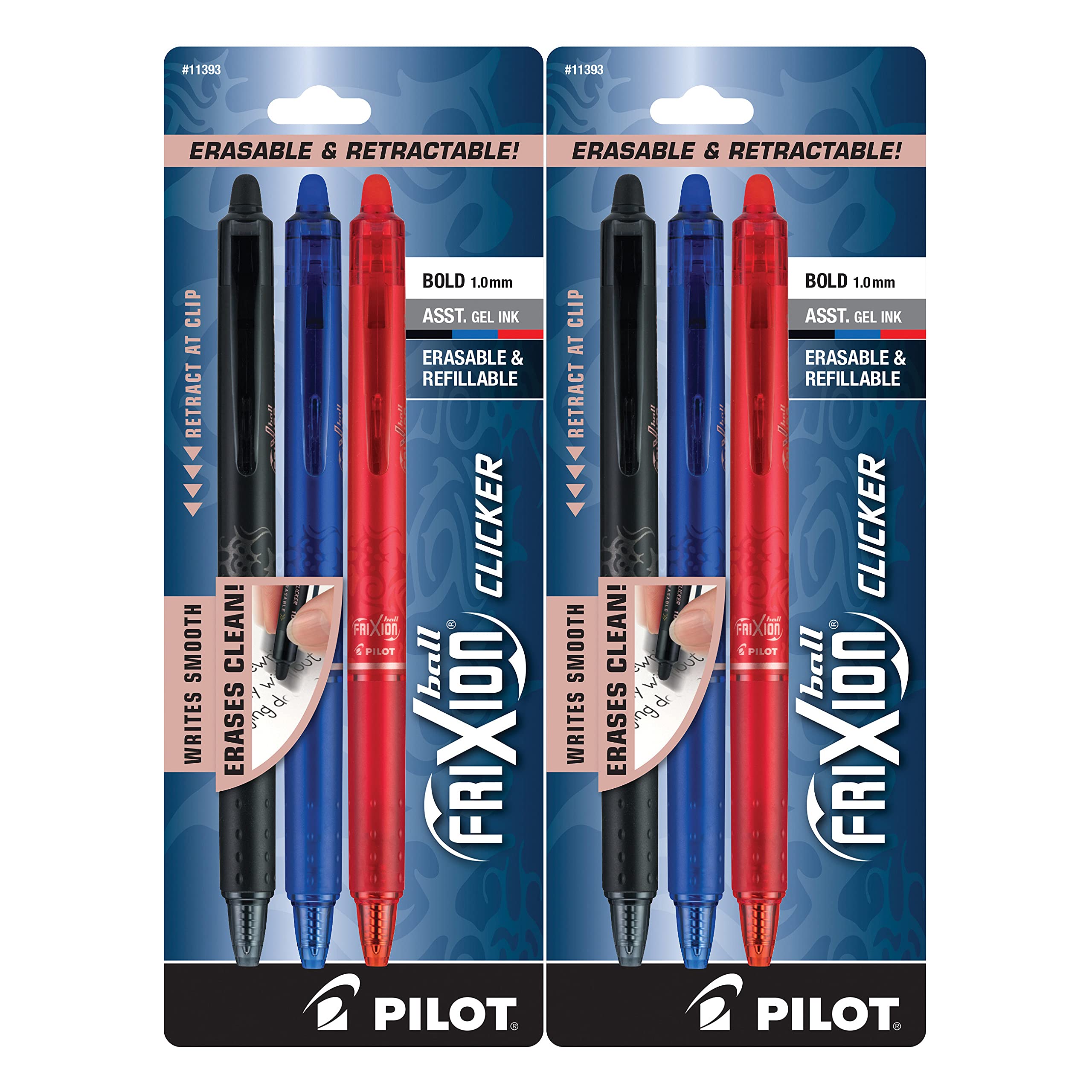 (2) Pilot Frixion Clicker Erasable Pen Black, Blue and Red Gel ink. 3 pack Bold, 1.0 mm, 11393