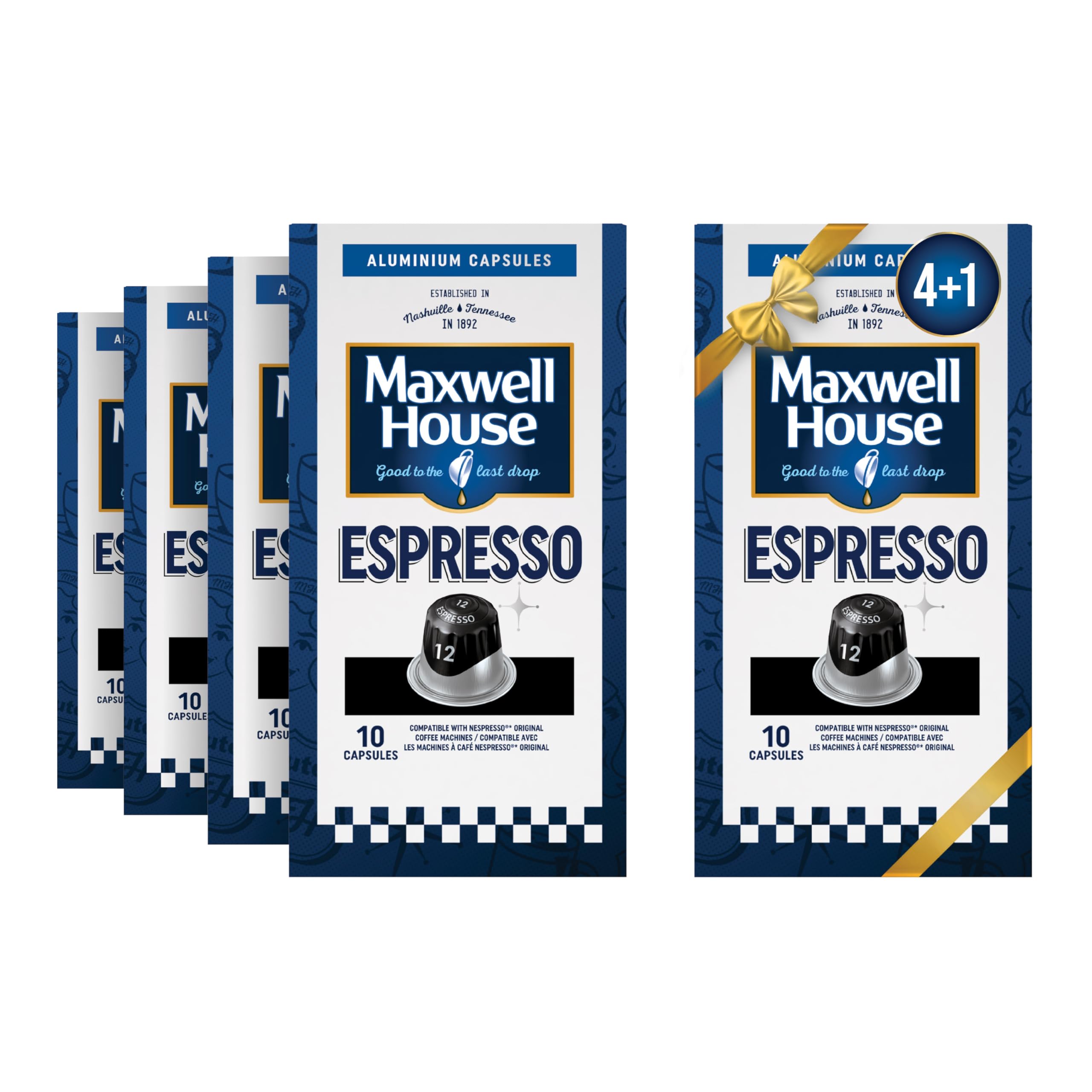 MAXWELL HOUSE - ESPRESSO COFFEE - INTENSITY 12 - INTENSE - RICH - FULL BODIED - 4 PACK + 1 PACK OF ALUMINIUM CAPSULES