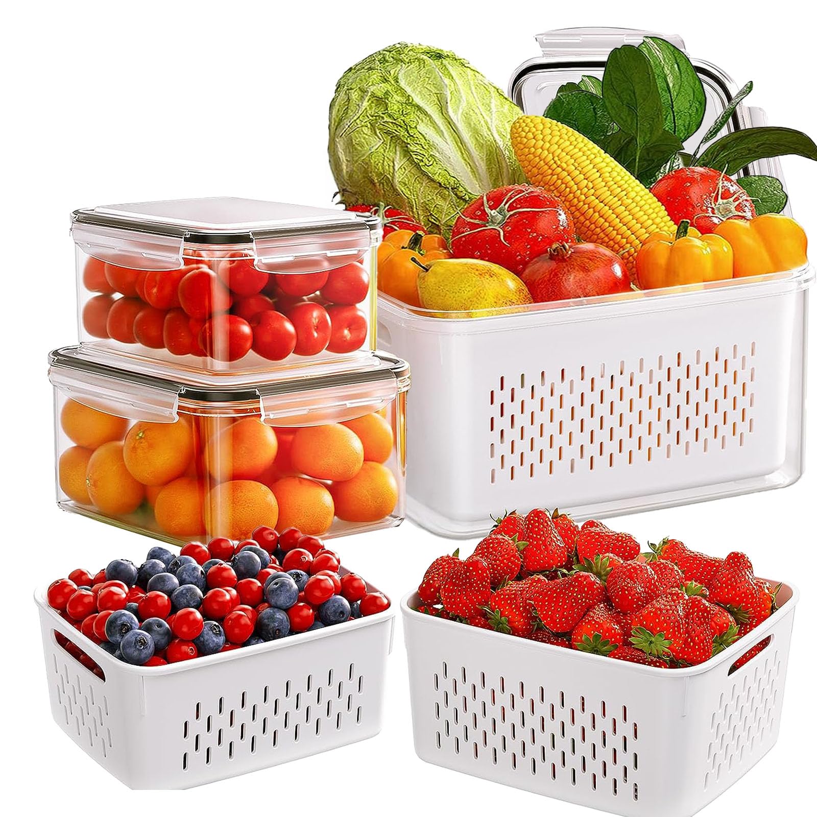 YumLockKitchen Organizers and Storage - Fruit Storage Containers for Fridge - 3-Pack with Removable Drainage Box, 3-in-1 Storage Bins, Salad Berry Lettuce Meat Keeper, BPA-Free