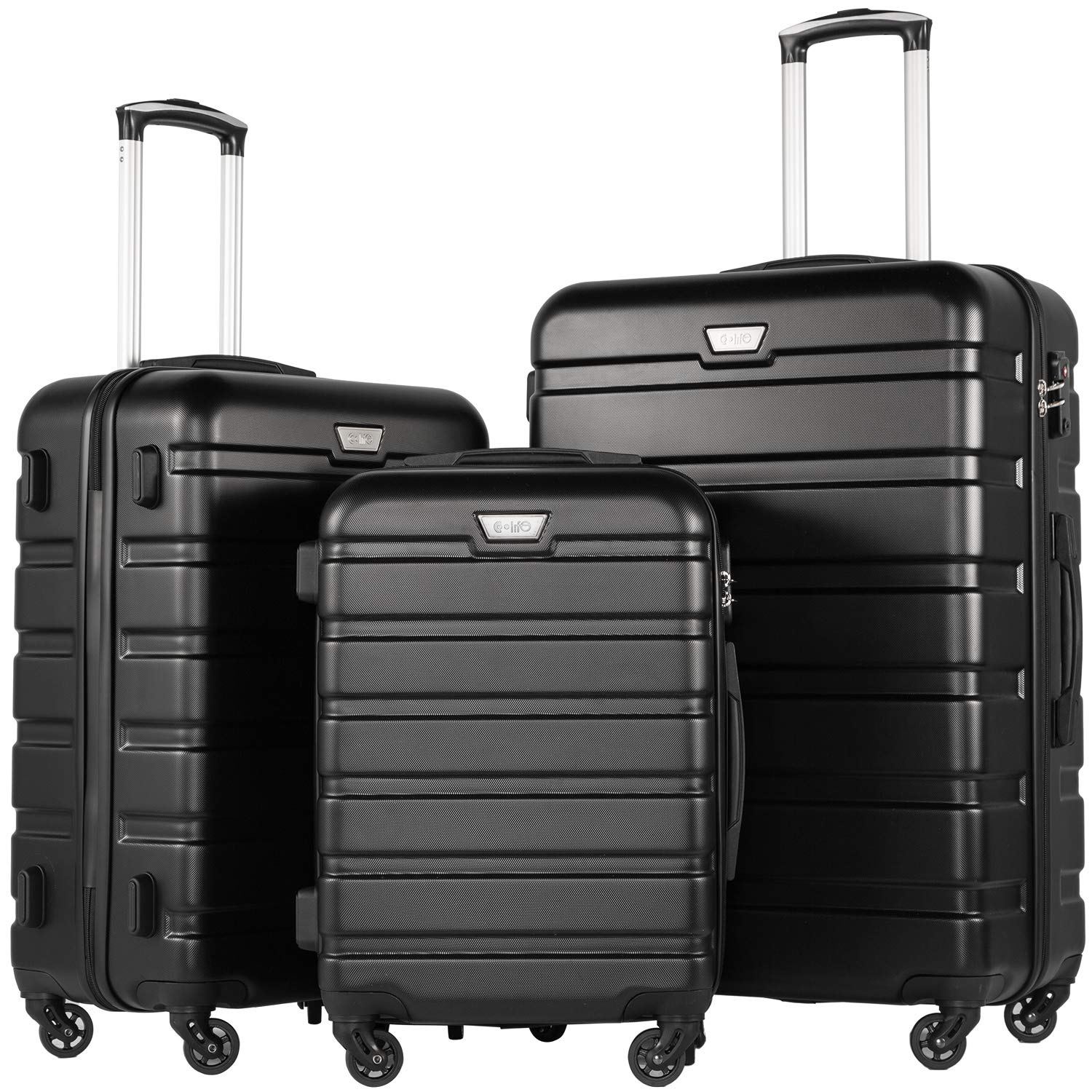 COOLIFE Suitcase Trolley Carry On Hand Cabin Luggage Hard Shell Travel Bag Lightweight with TSA Lock and Durable 4 Spinner Wheels (Moon Night Black, 3 Pcs Set)